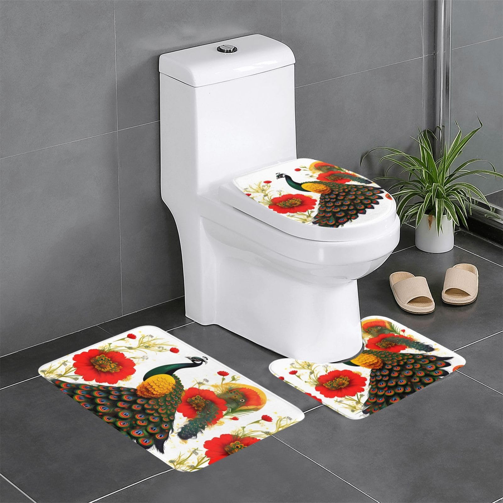 Tapis de salle de bain super absorbant et antidérapant motif paon 3 pièces
