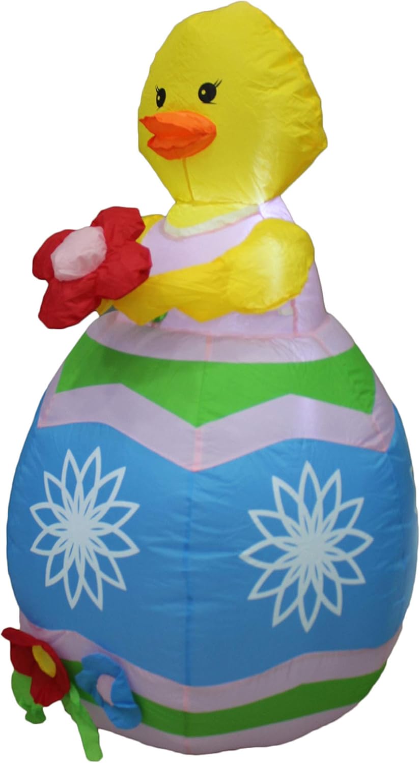 Two Easter Party Decorations Bundle, Includes 8 Foot Huge Inflatable Bunny Holding Easter Egg, and 4 Foot Tall Inflatable Cute Chick with Flower and Easter Egg