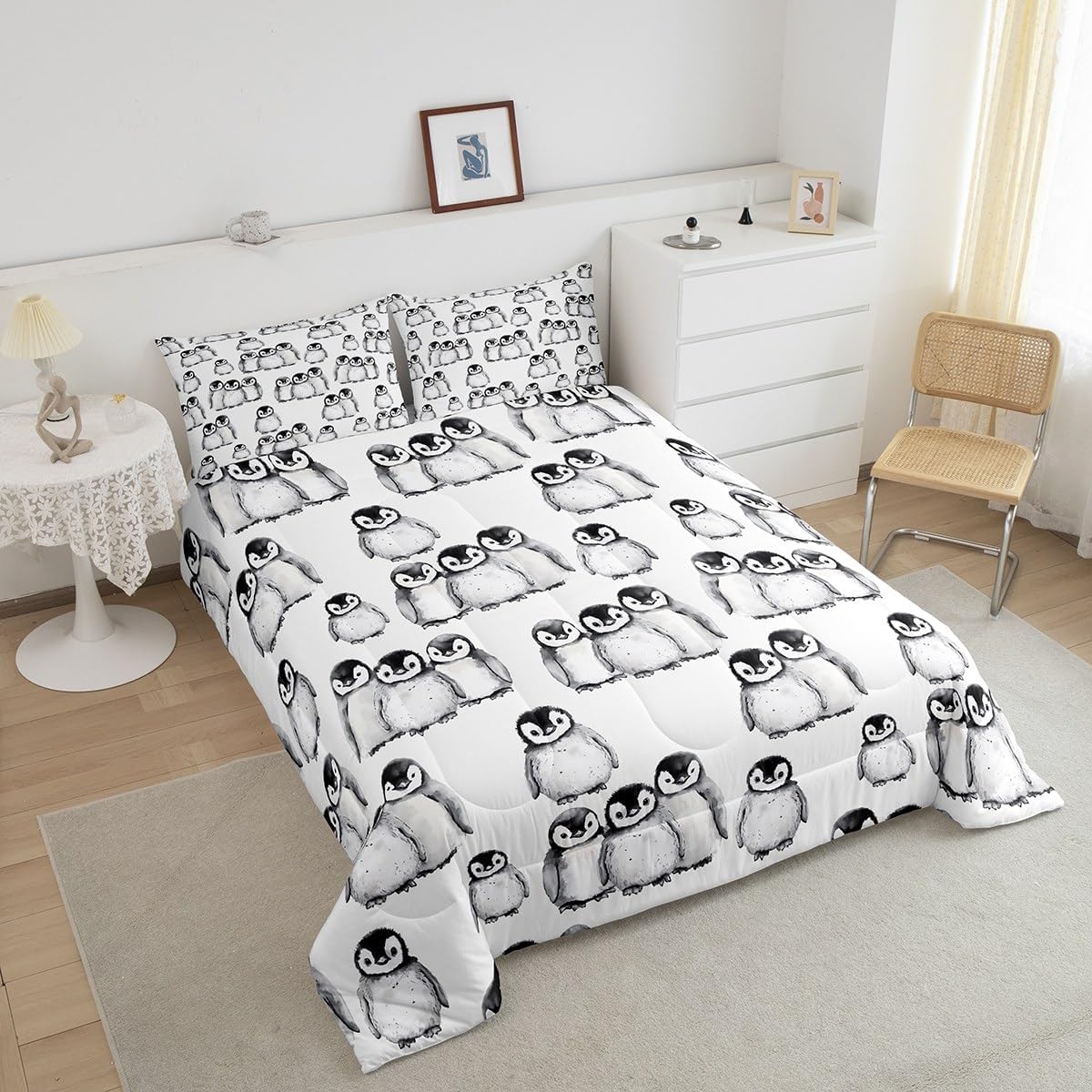 Erosebridal Penguin Comforter Set Twin Size for Kids Boys Girls Antarctic Animal Bedding Set Penguin Illustration Down Comforter Grey White and Black Cartoon Quilted Comforter with 1 Pillow Case