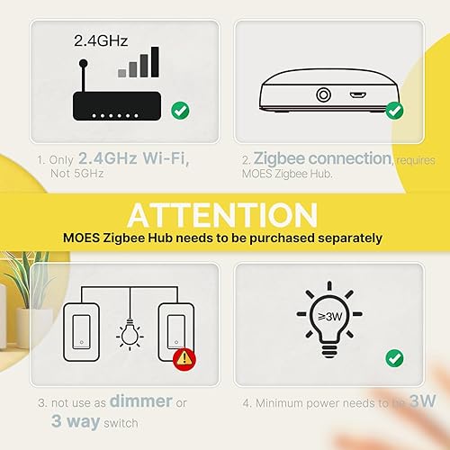Miniatura 2 de MOES Interruptores inteligentes Zigbee, sin cable neutro, requieren MOES Zigbee Hub Interruptor de luz inteligente de un solo polo, compatible con