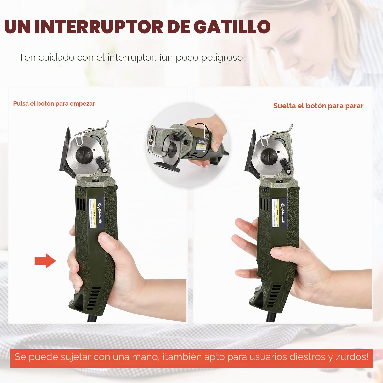 CGOLDENWALL Cortador Tela Electrico YJ-50, Cuchilla 50mm, Textil Cuero | 2400RPM, 20mm Grosor Max de Corte, Cuchilla Repuesto, Industrial, 220V