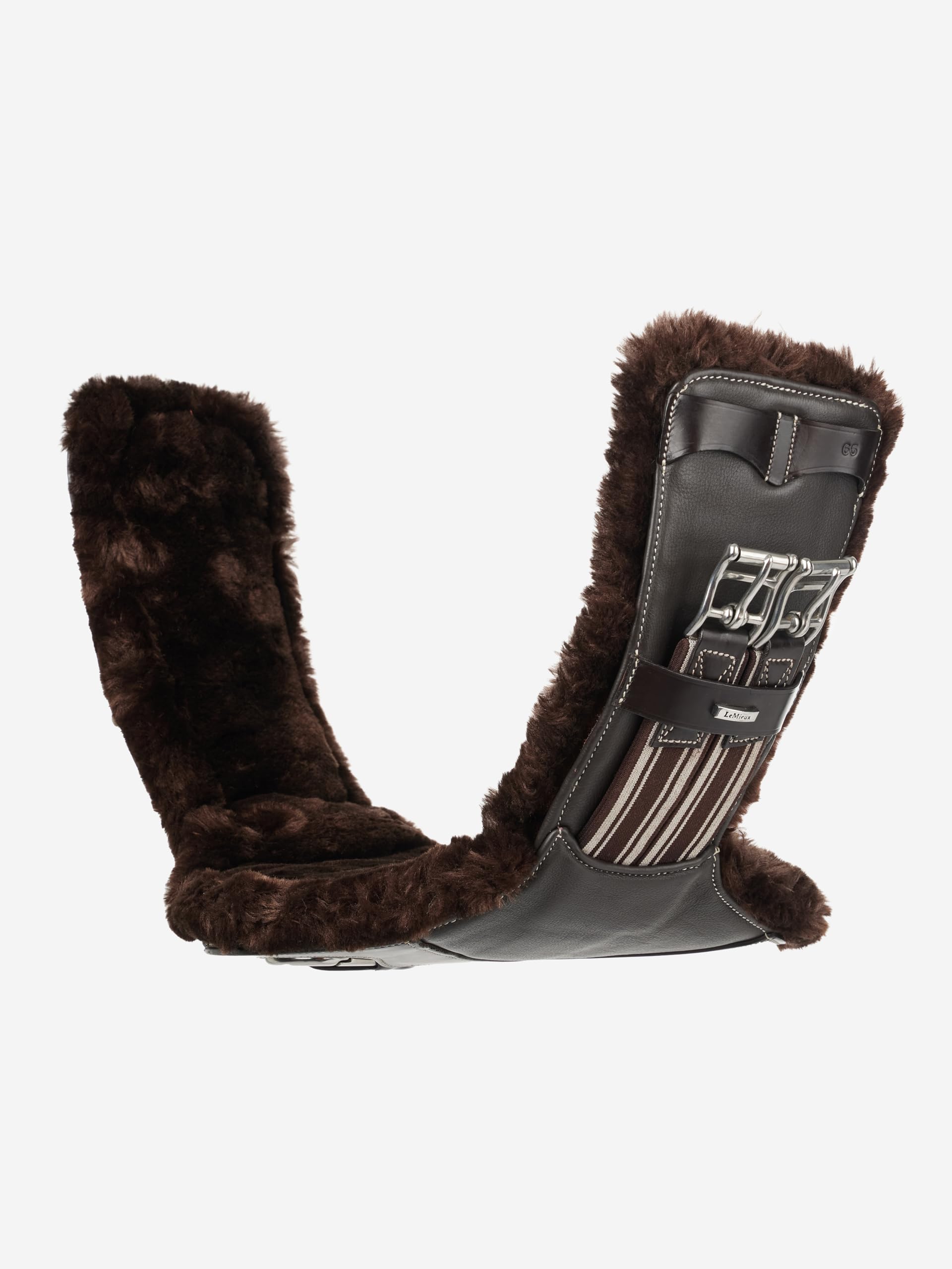 LeMieux Arika Simuwool Contoured Short Stud Girth - Anatomic Shape - Soft & Flexible Leather - Centre Carabiner Clip - Detachable Simuwool Lining - Brown - 55cm/22"