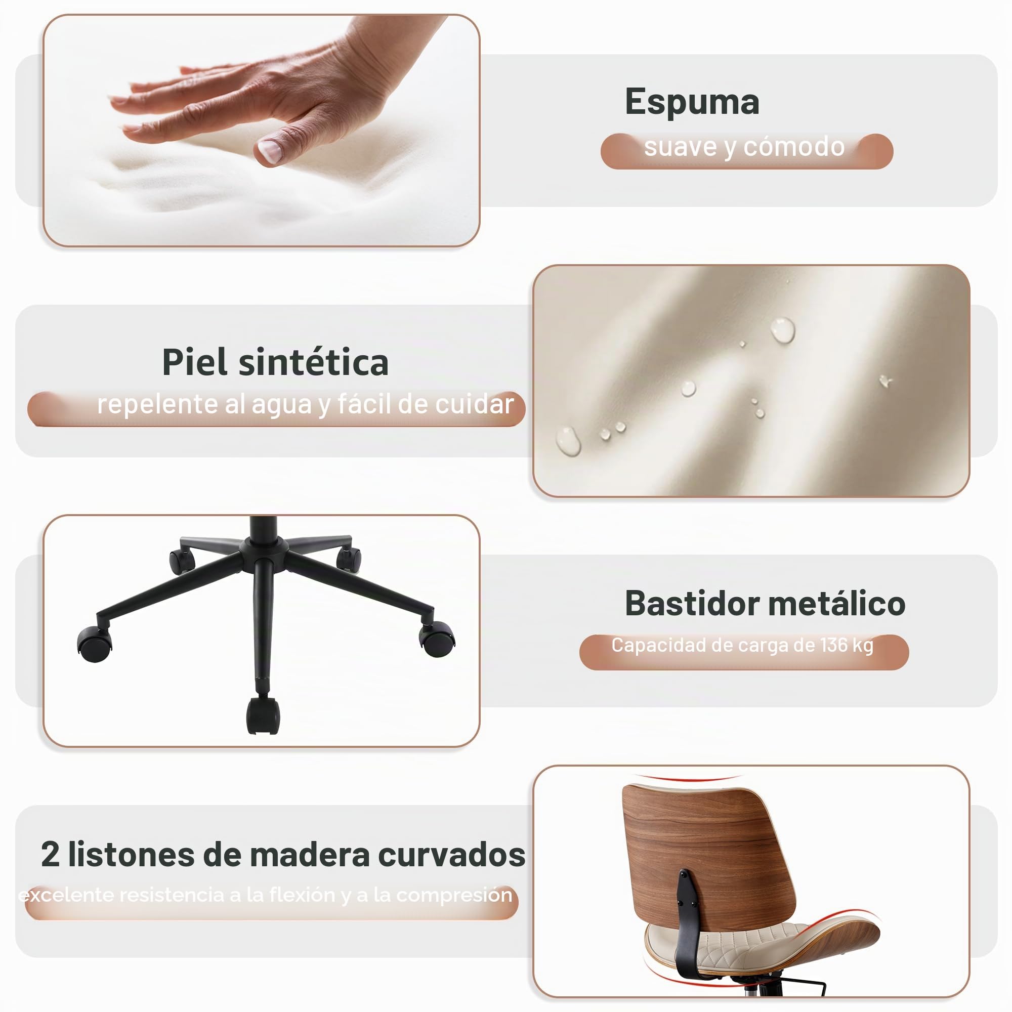 Silla Oficina Piel Sintética con Ruedas,Silla Escritorio Moderna De Medios De Siglo, Ajustable En Altura Y ángulo, Ruedas 360° para Estudio U Oficina, Office Chair,hasta 136 Kg