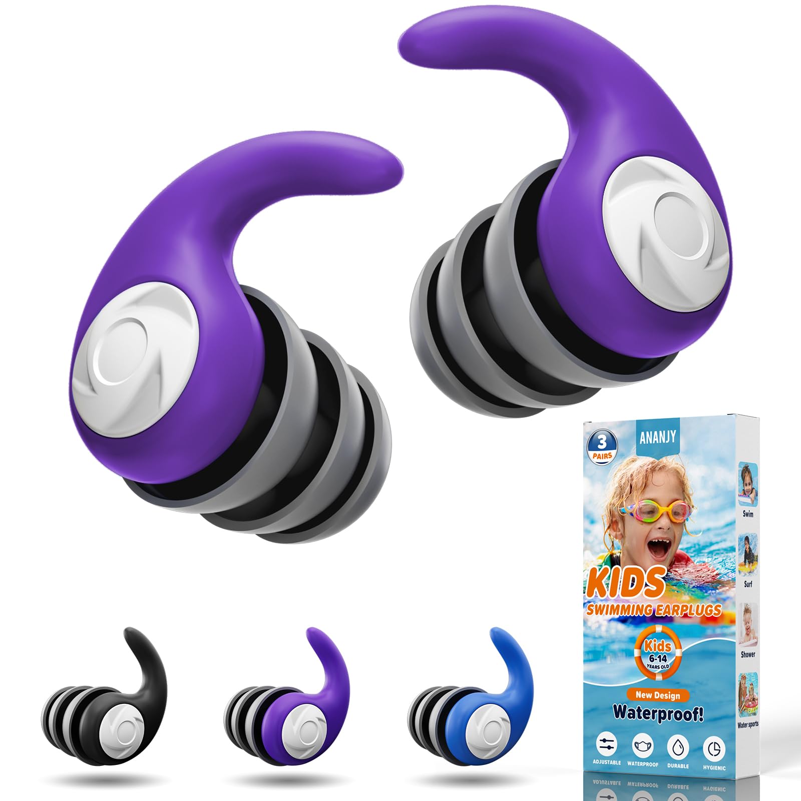 Waterproof Swimming Ear Plugs for Kids - 3 Pairs of Reusable Soft Silicone Swim Earplugs,Ear Protection for Children (4-12 Years Old) - Ideal for