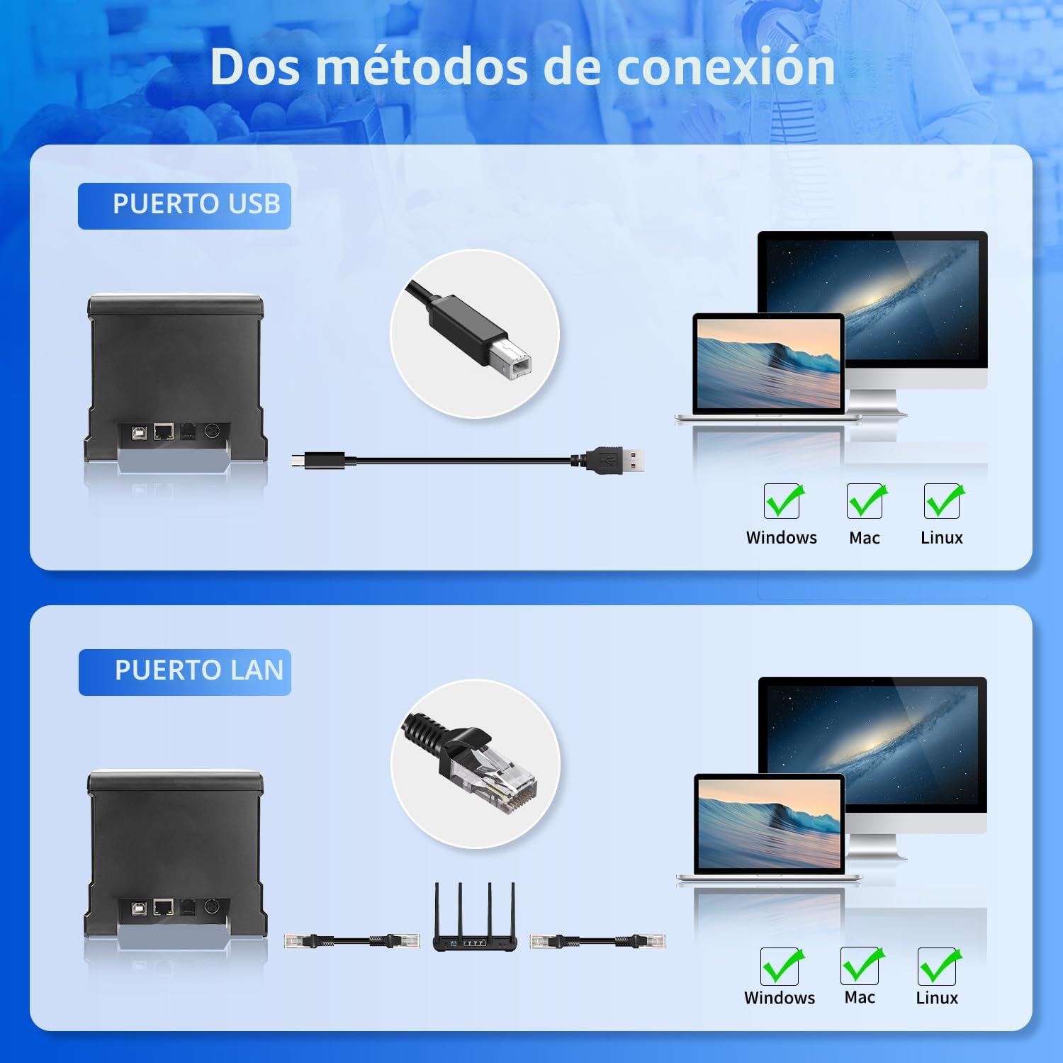 NetumScan Impresora de Recibos POS 80mm Impresora térmica de Recibos USB 300mm/s con Corte automático, cajón, Interfaz USB Ethernet, Soporte Windows/Mac/Linux