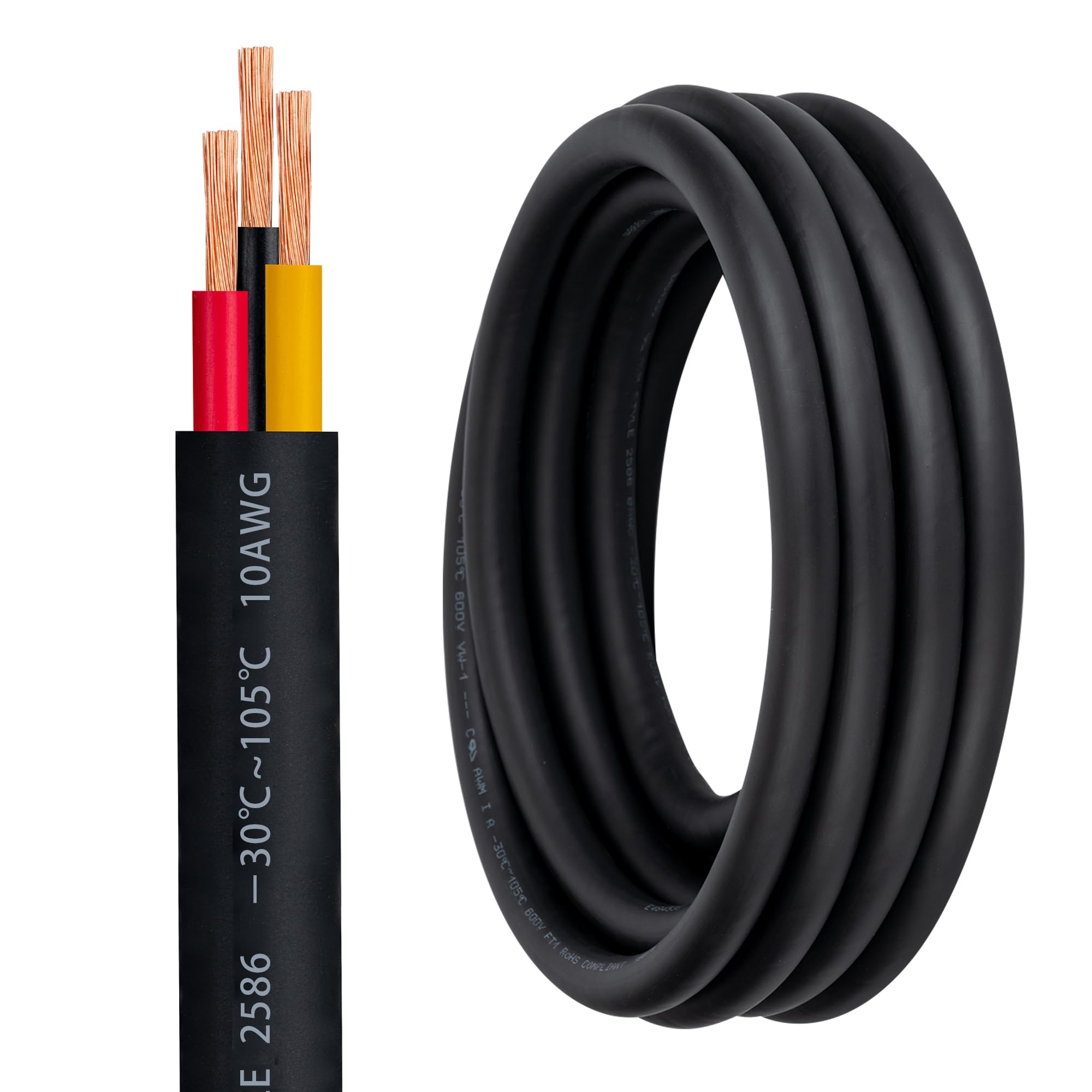 10 Gauge 3 Conductor Electrical Wire 10/3 Wire 16FT 600V 10 AWG Portable Power Cable for Motor Leads, Portable Lights, Battery Chargers, Machinery,