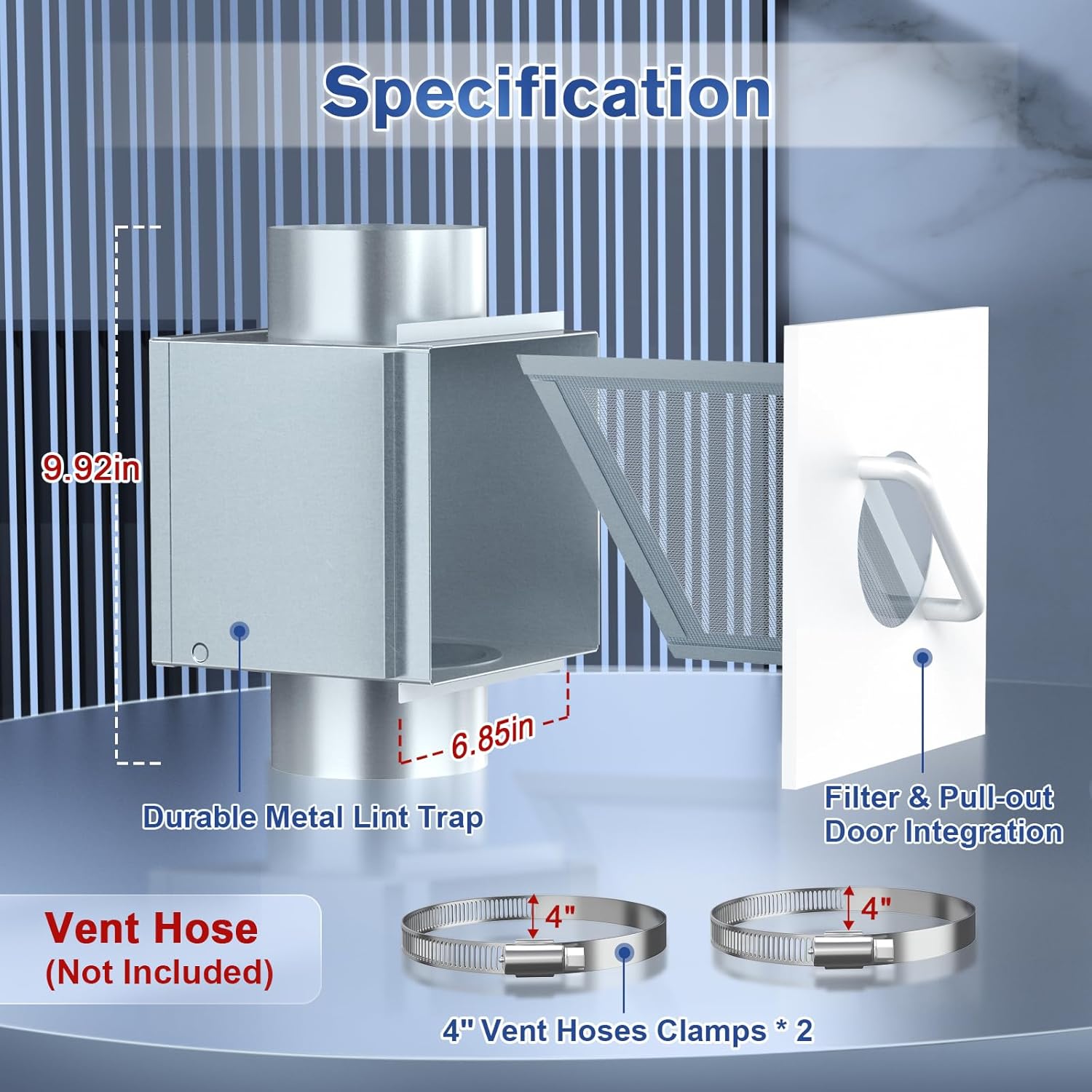 Diagram showing dimensions of the Craimil Metal Dryer Lint Trap, including height and depth, and showing included clamps
