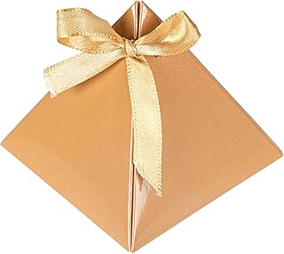 Restaurantware Pastry Tek 3 x 3 x3 Inch Pyramid Favor Boxes 100 Pyramid Triangle Gift Boxes - Satin Ribbon Disposable Brown Paper Triangle Candy Boxes For Weddings Or Parties