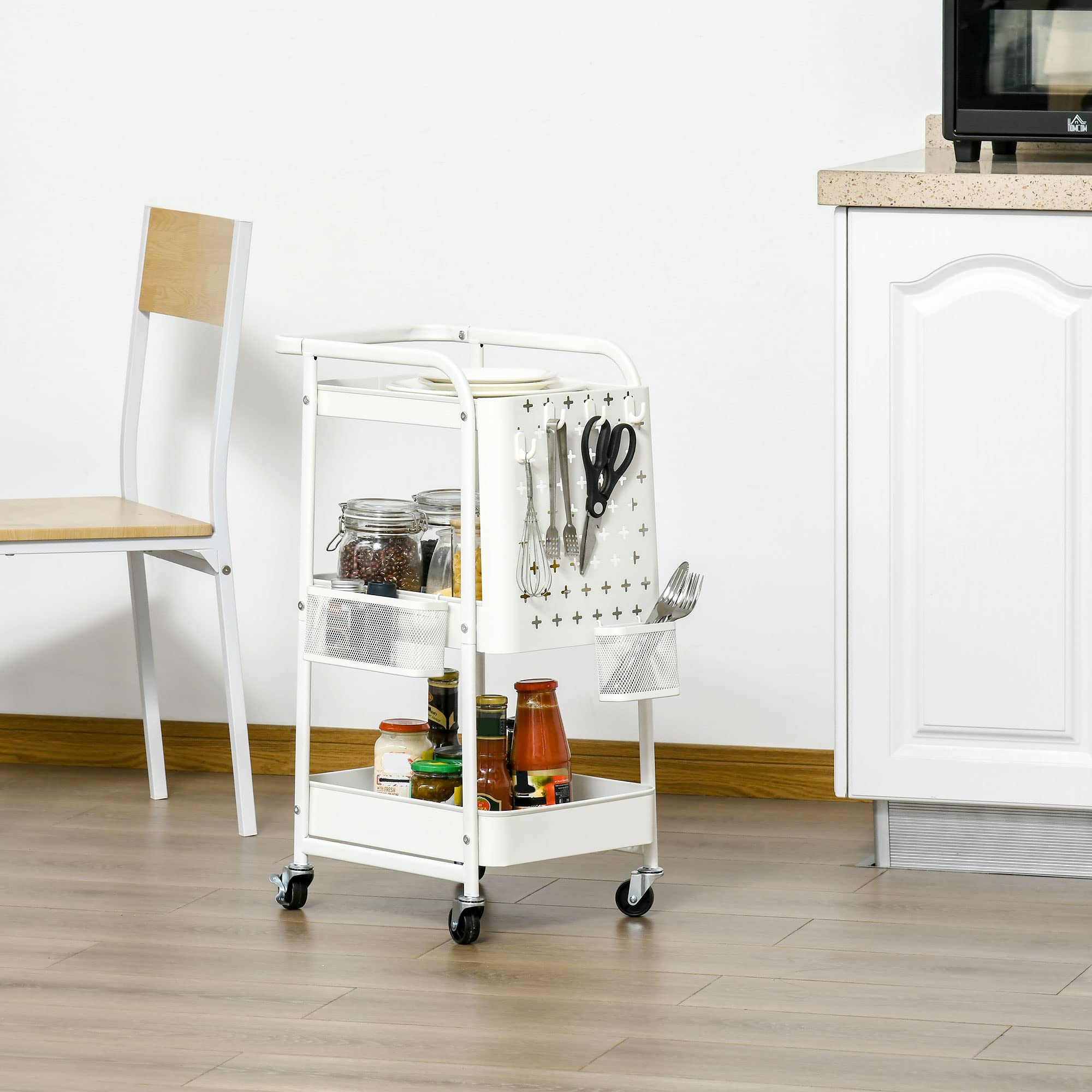 HOMCOM Carrito de Cocina de Acero con Ruedas Carro de Almacenamiento de 3 Niveles 4 Ganchos 2 Cestas Colgantes y Asa para Baño Salón Dormitorio 51,5x32x75,6 cm Blanco