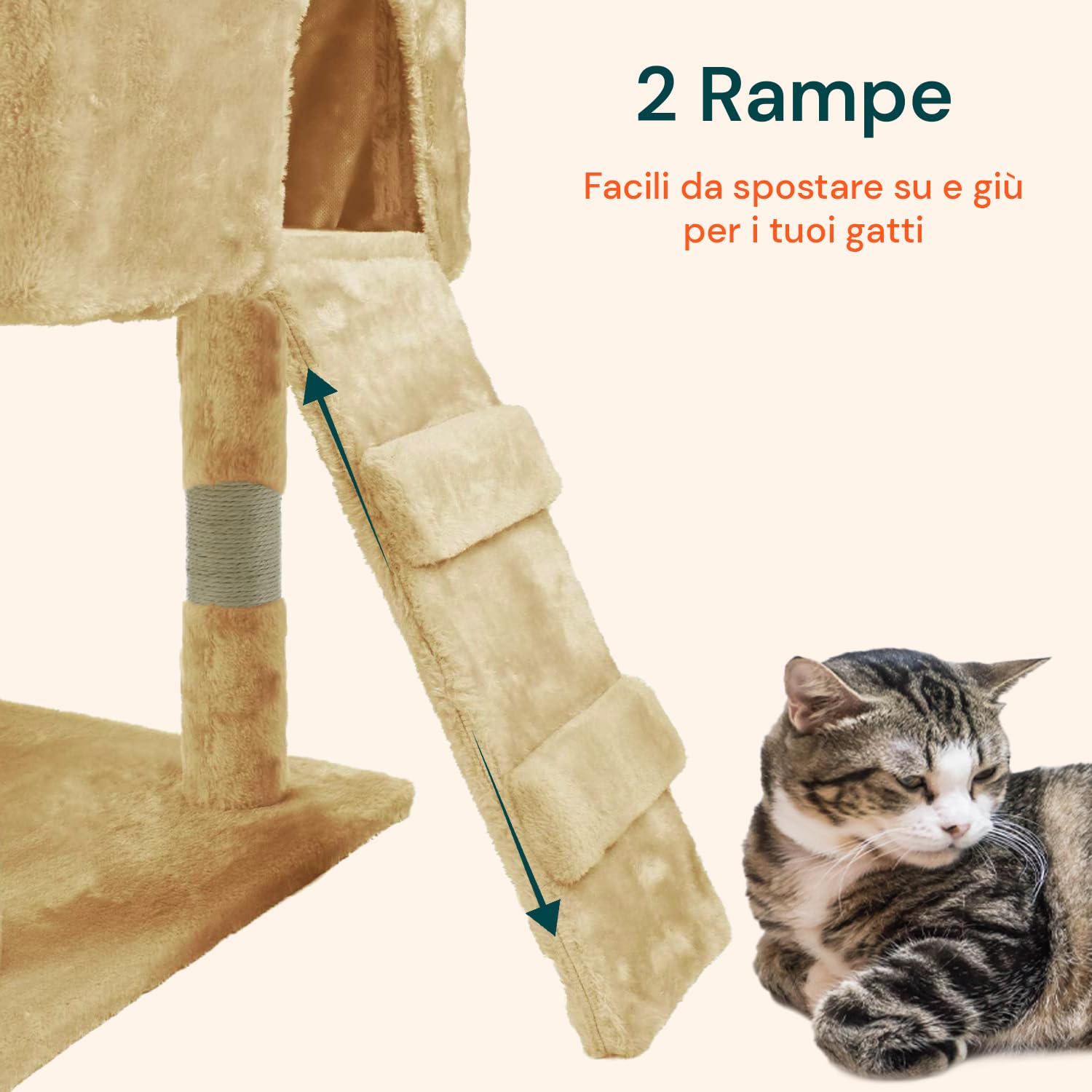 Tiragraffi da 170Cm con Cuccia per Gatti Albero Parco giochi gioco tira graffi per Gatto (Beige)