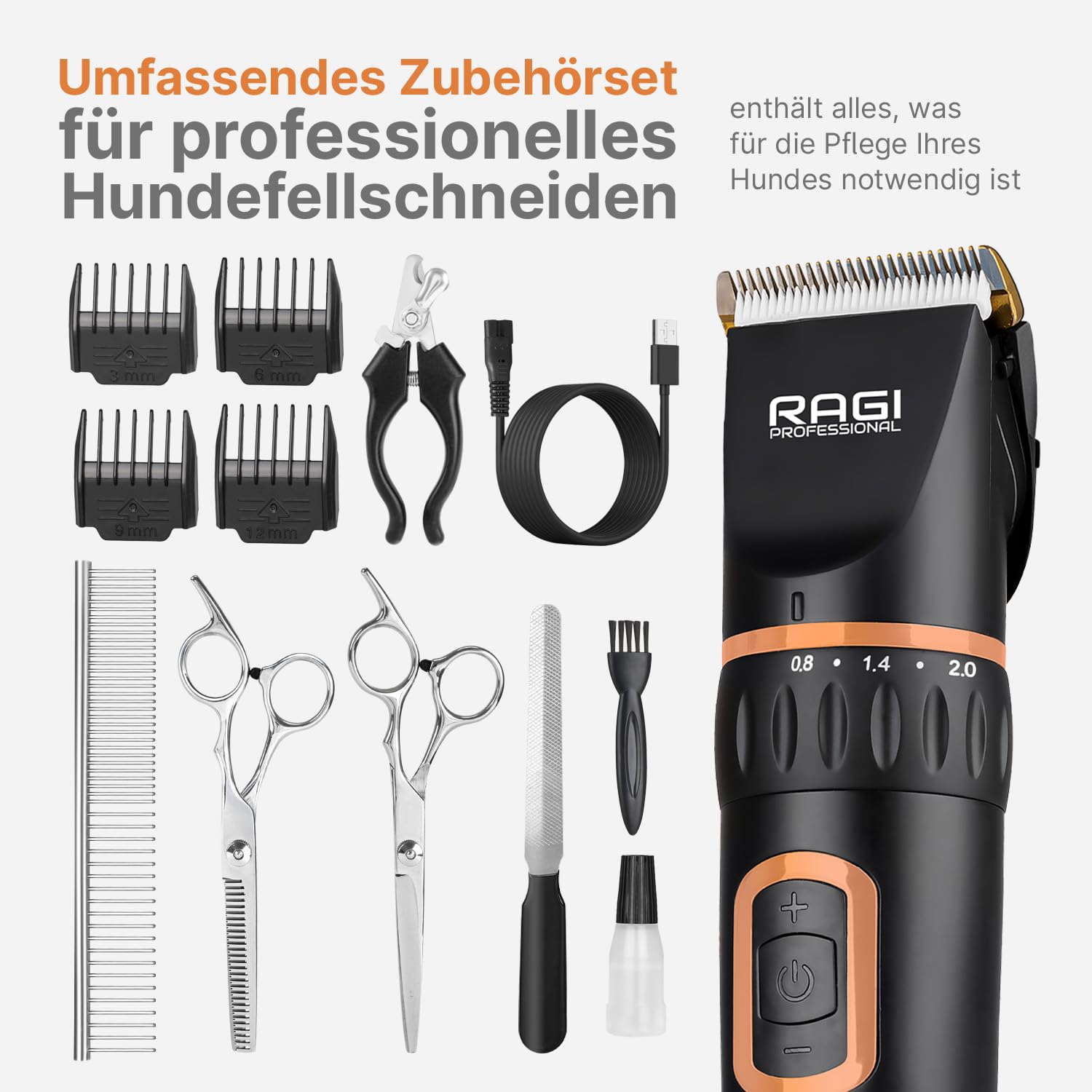 RAGI Tondeuse pour chien - Tondeuse sans fil - Silencieuse et rechargeable - Tondeuse à poils d'animaux - Noir