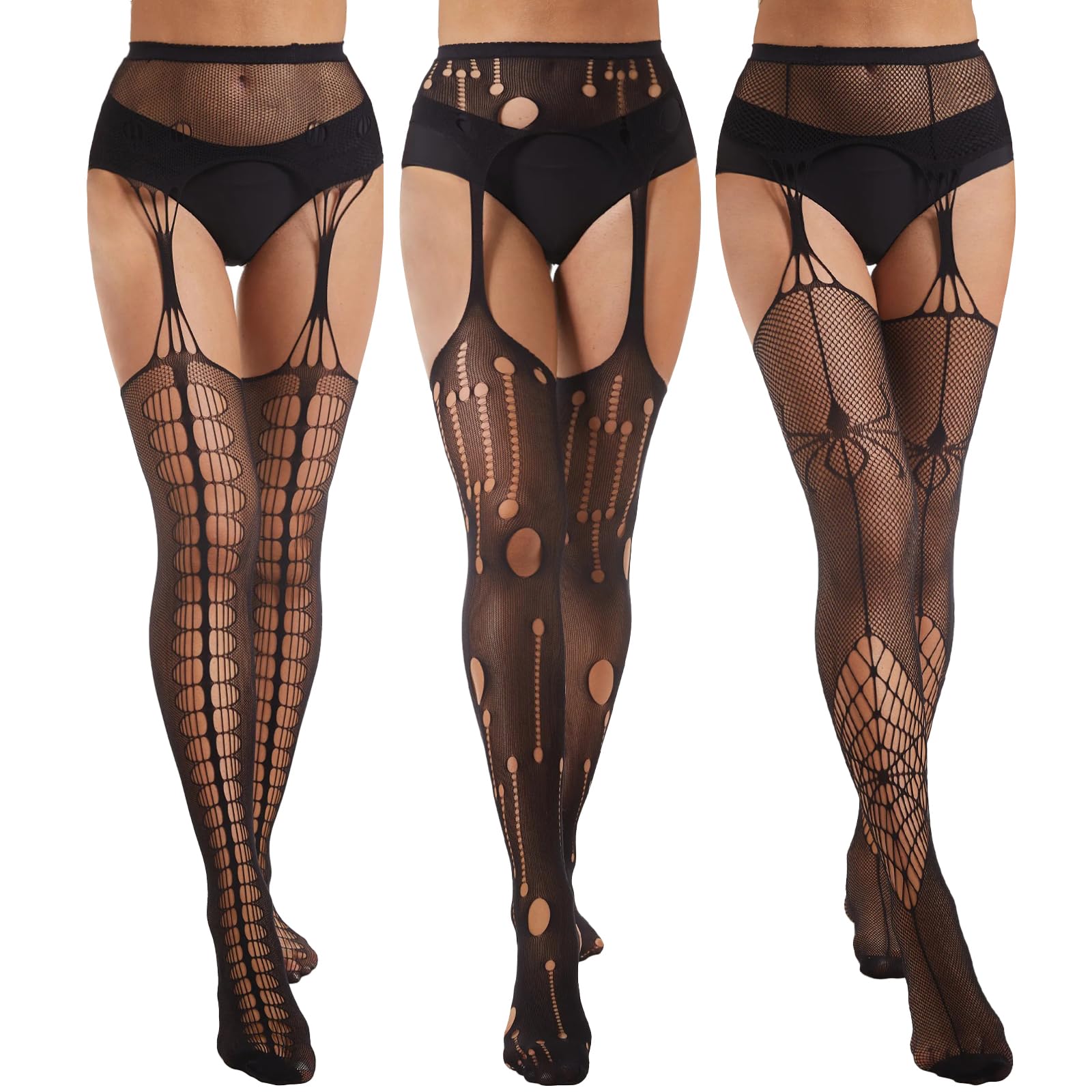 Manzi Women's Spider/Broken Hole/Back Strap Halloween Tights Suspender Black Fishnet Stockings Costume