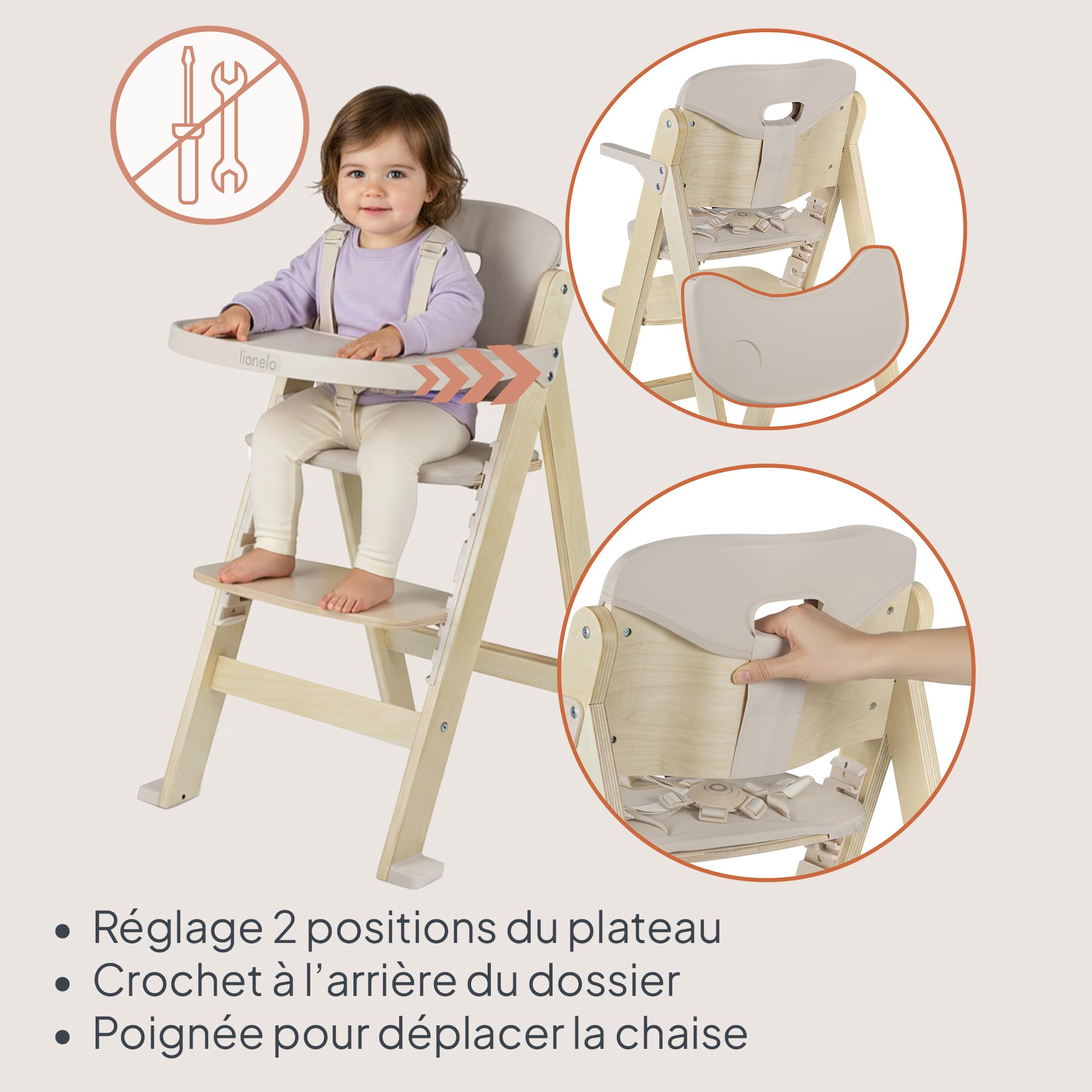 Lionelo Floris Chaise Haute Bébé Évolutive, 6 Mois-12 Ans, Beige | Chaise Haute jusqu’à 15 kg, Chaise Enfant jusqu’à 40 kg, Siège et Repose-Pieds Réglables, Plateau Amovible, Harnais 5 Points