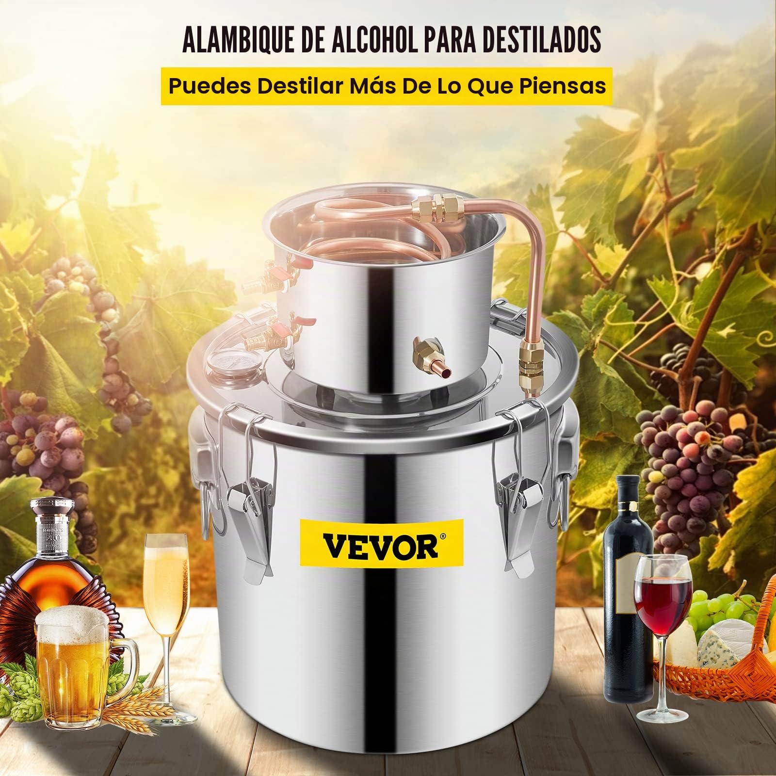 VEVOR Destilador de Agua 21L con Termómetro, Purificador y Filtro Portátil, Acero Inoxidable 4,7 kg