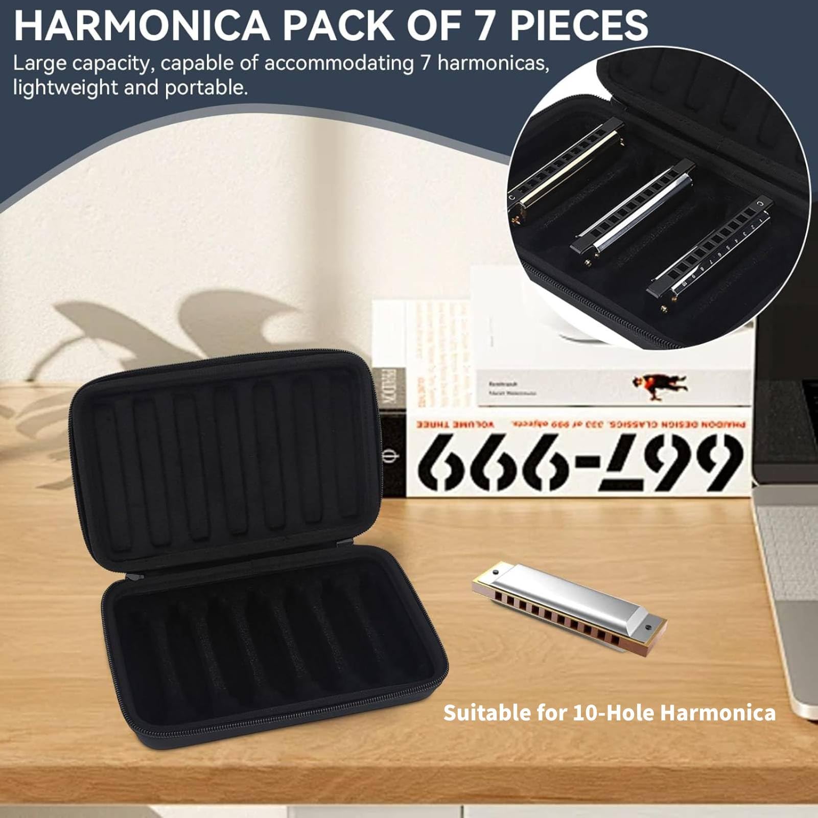 Estuche Para Armónica, 7 Armónicas Harmonica Estuche De Transporte Estuche De Almacenamiento Con Cremallera Para Armónica Negra De Cuero PU Para Armónica de 10 Agujeros