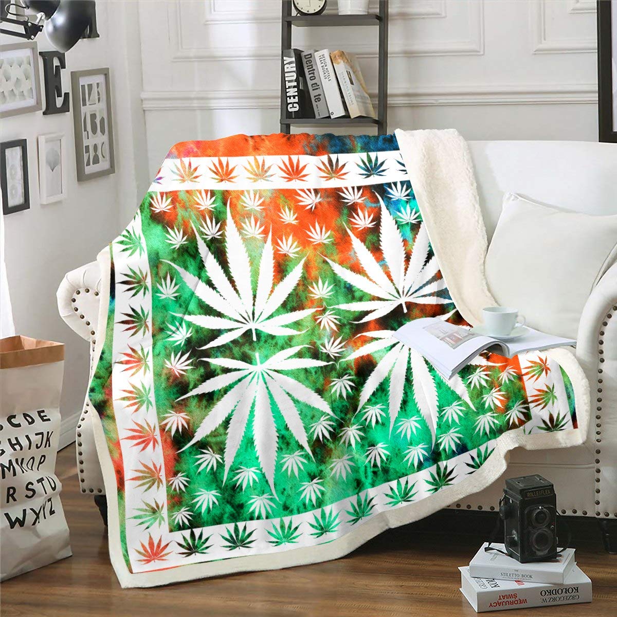 Marijuana Weed Leaf Sherpa Blanket Cannabis Leaves Fleece Throw Blanket Kids Boys White Leaf Colorful Tie Dye Decor Plush Blanket Bright Leaves Fuzzy Blanket for Sofa Bed,Baby 30x40 Inch