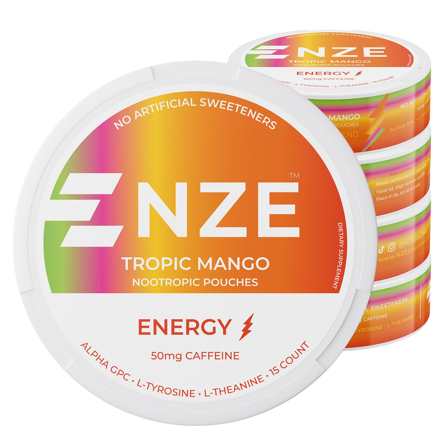 NZE Caffeine Nootropic Pouches (Tropic Mango) - Energy Pouches with 50mg Caffeine, Alpha GPC, L-Tyrosine &amp; L-Theanine - No Sugar or Artificial Sweeteners - 15 Pouches Per Can - 5 Pack
