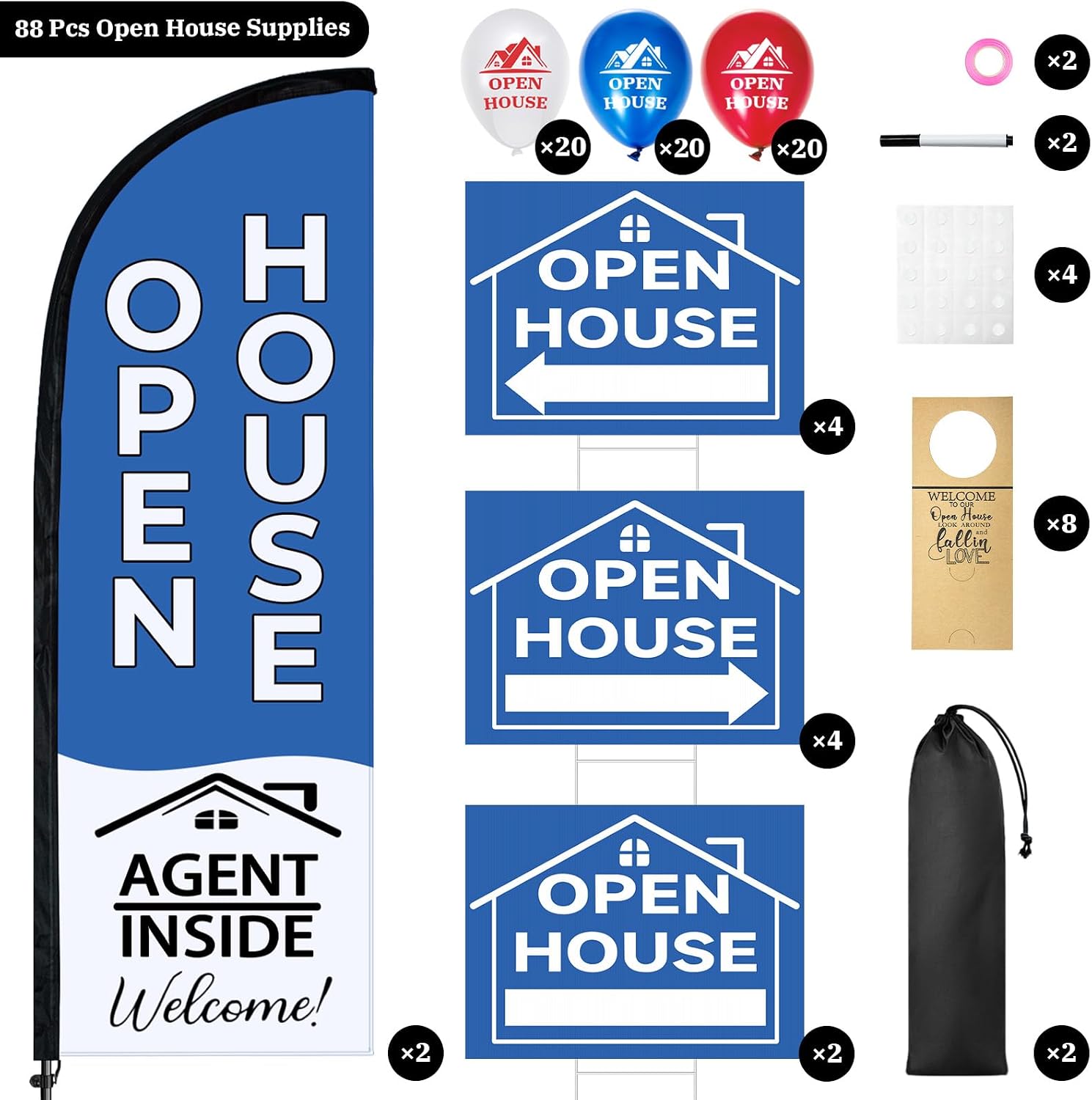88 Pcs Open House Signs for Real Estate Agent Supplies, Double Sided Open House Flag Kit for Outside, 7.6 x 5.4 Ft Blue Banner Flag Poles Set with Directional Arrows Yard Sign Stakes Balloons