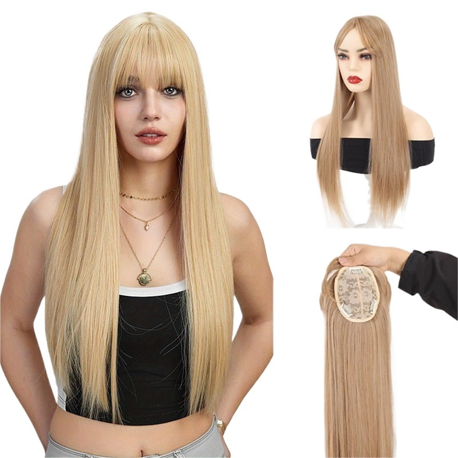 Libangrong-888 Women's Gold Wigs Wig Top Replacement With Hair Extensions, Long Straight, And Bangs Natural Wig