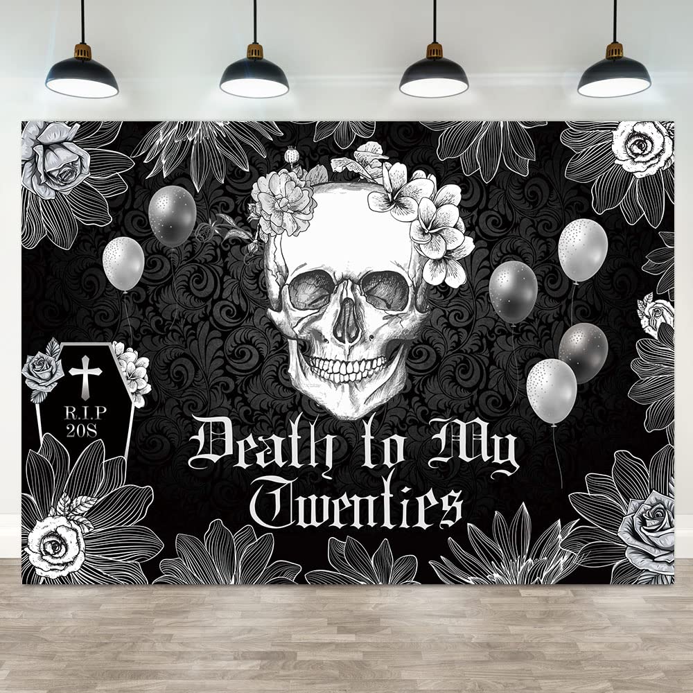 Hilioens 7×5ft Death to My Twenties Backdrop for 30th Birthday RIP to My 20s Youth Gothic Skull Coffin Black Party Background for Photography Girls