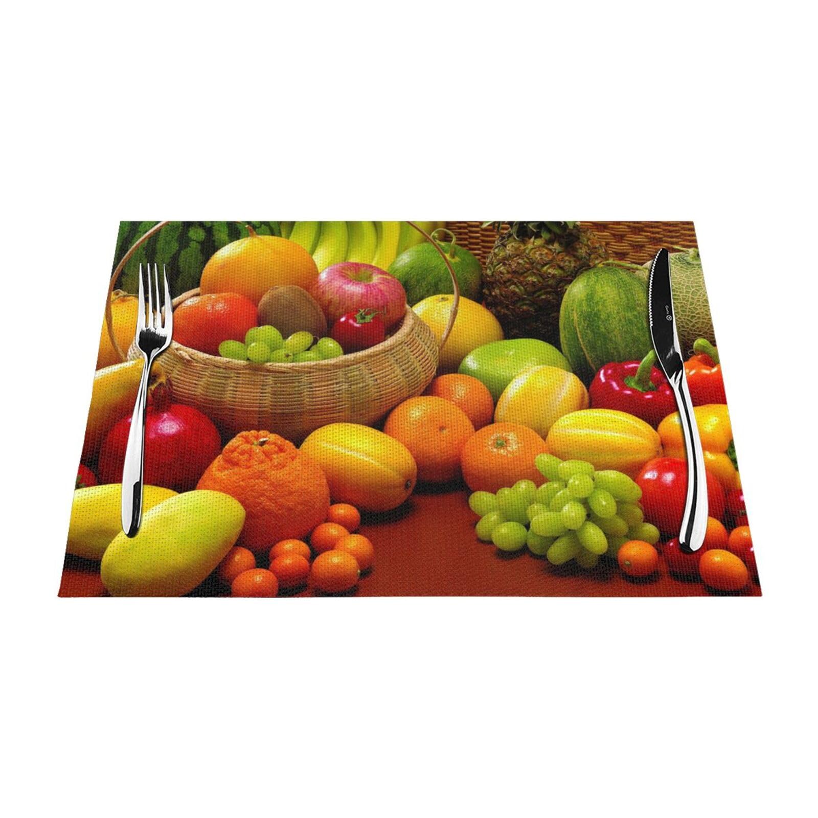 PVC Placemat Set of 6 PCS, 45x30 CM, variety fresh vegetables fruits Printed Non-Slip Heat Resistant Place Mats for Kitchen Dining Table Indoor Outdoor