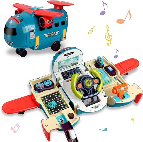 Dwi Dowellin Vehículo de Juguete de Avión y Coche, Juguetes de Volante para Niños de 3, 4, 5, 6 Años con Sonido y Luz, Juguete Educativo de Avión