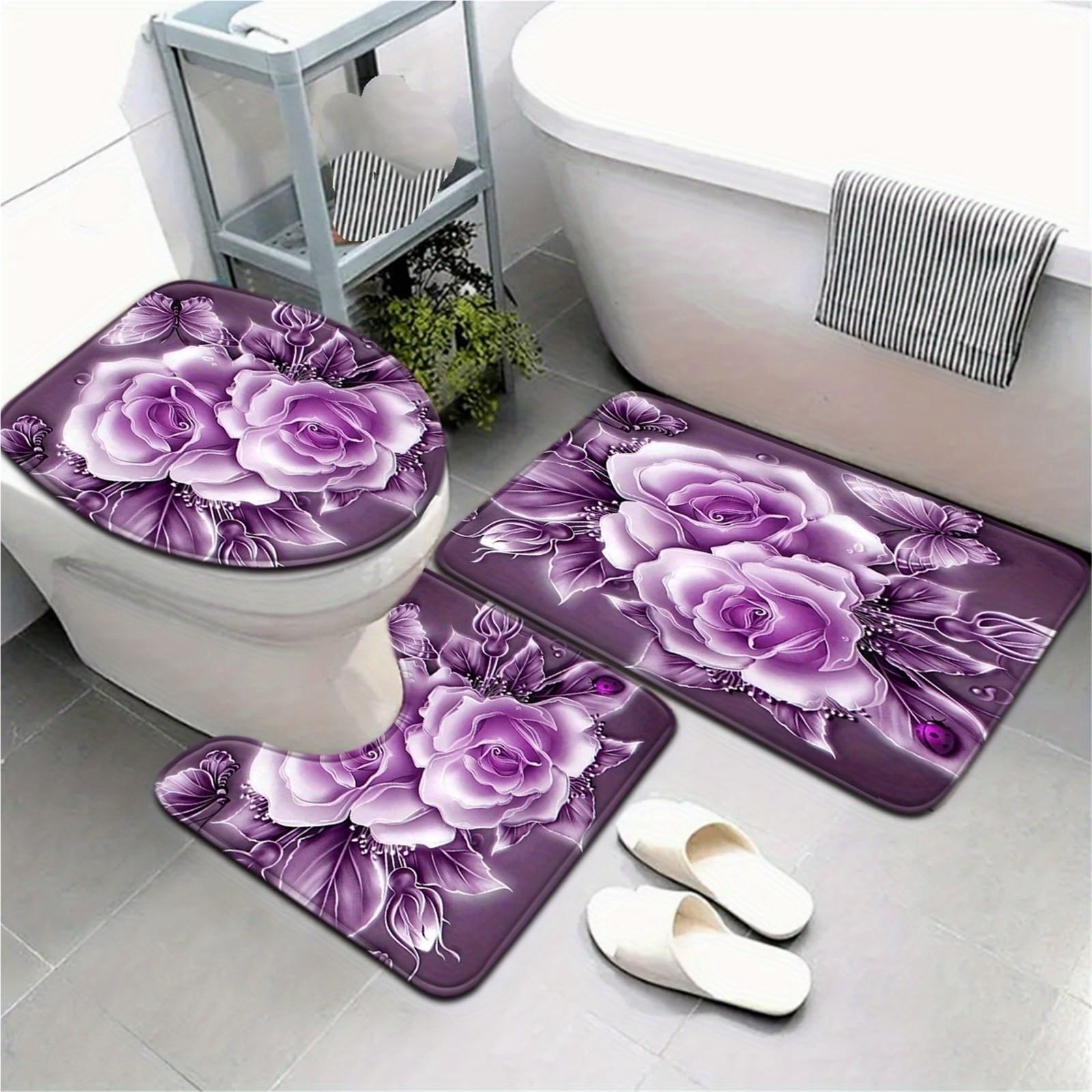 Tapis de Salle de Bain à Fleurs Violettes, Ensemble de 3 Tapis de Maison Doux et antidérapants en Forme de U