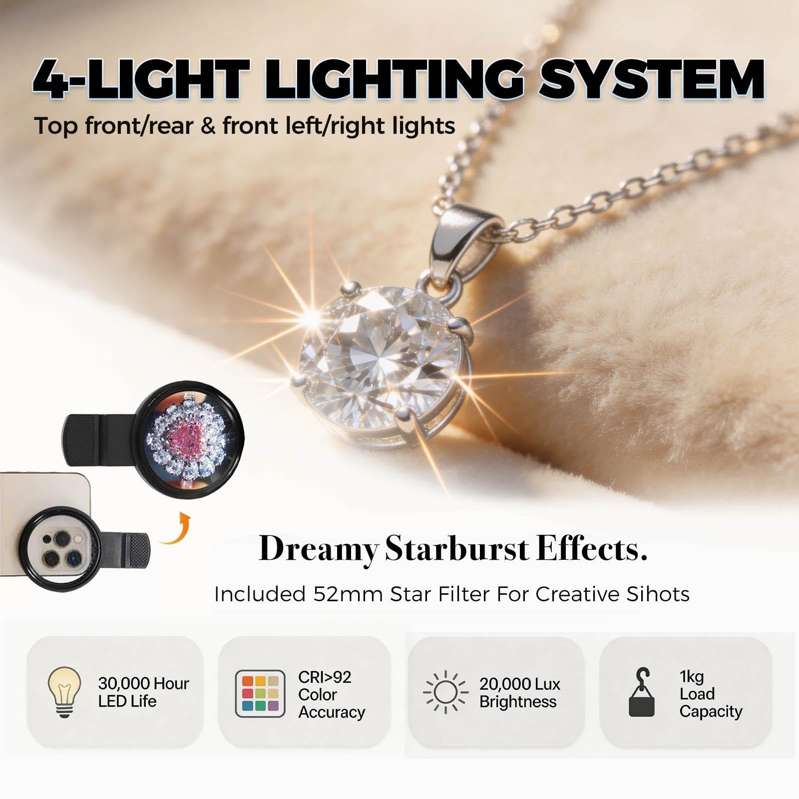 Scatola Luminosa Per Fotografia Di Gioielli, Con Rotazione A 360° | Scatola Per Riprese Di Piccoli Prodotti, Piattaforma Girevole A 360°, 4 Luci LED, Staffa Di Sospensione E Accessori(TB30)