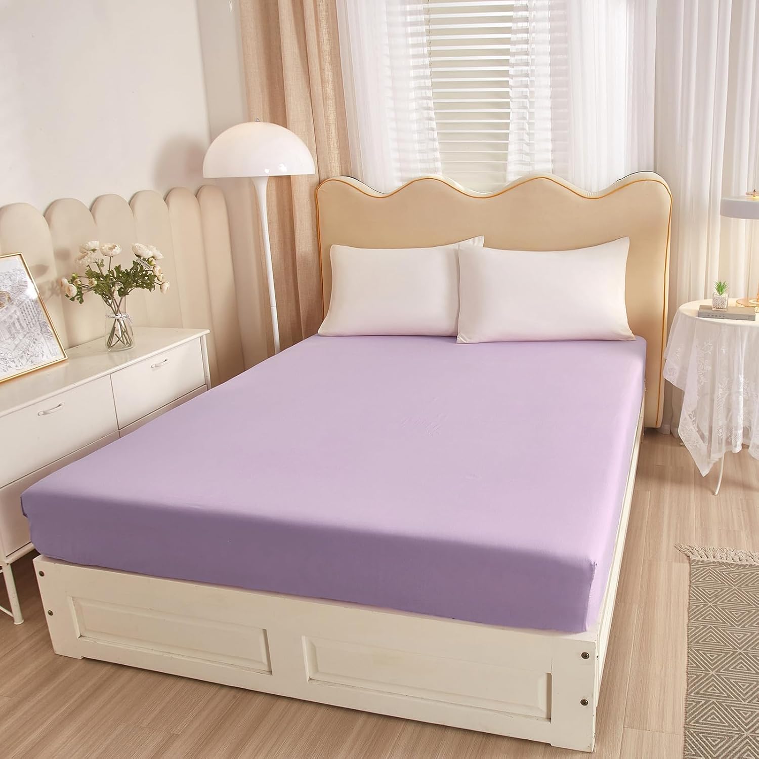 HighBuy Lavender Purple Fitted Sheet Twin - 100% Cotton Breathable Deep Pocket with All Around Elastic Fits - Mattress Fits Up to 15 Inch Deep Pocket Fitted Sheet for Teen College,Lilac