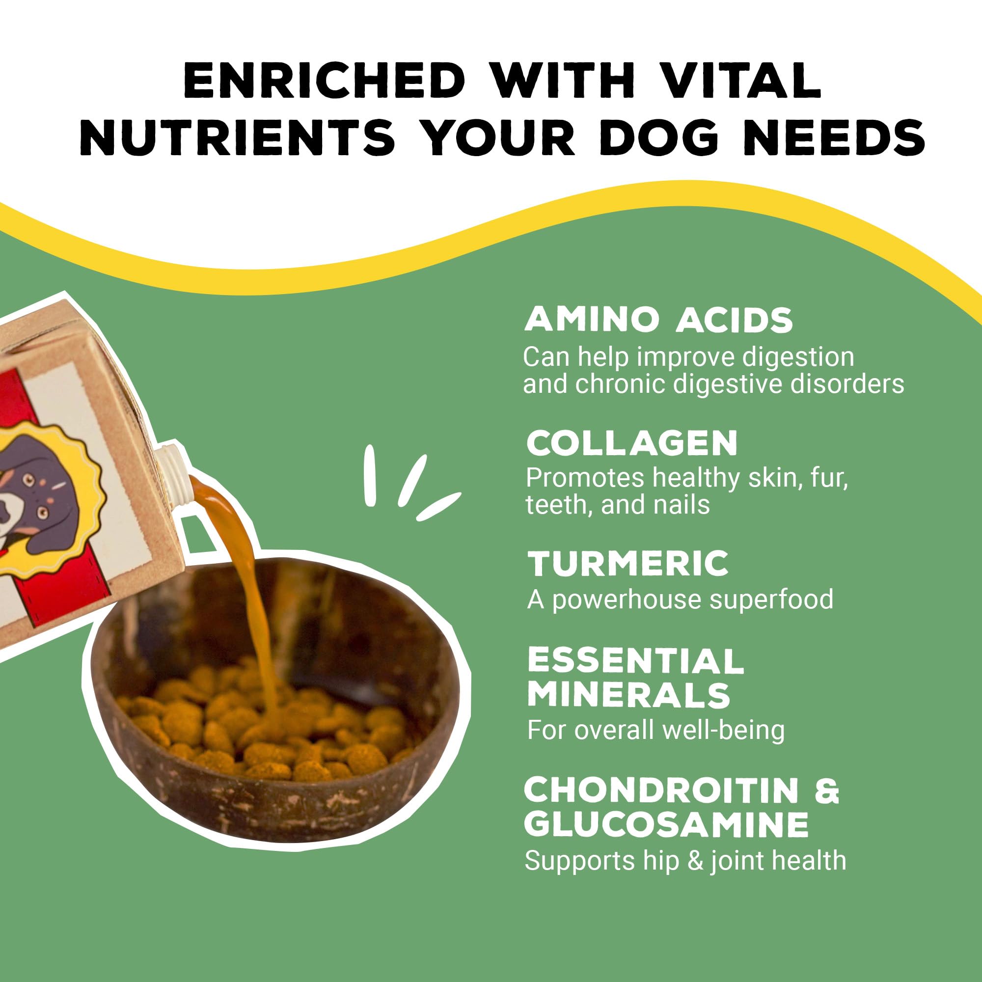 Brutus Chicken Broth for Dogs - All Natural Chicken Bone Broth with Chondroitin Glucosamine Turmeric -Human Grade Food Toppers for Picky Eaters & Dry Food -Tasty & Nutritious- Pack of 6