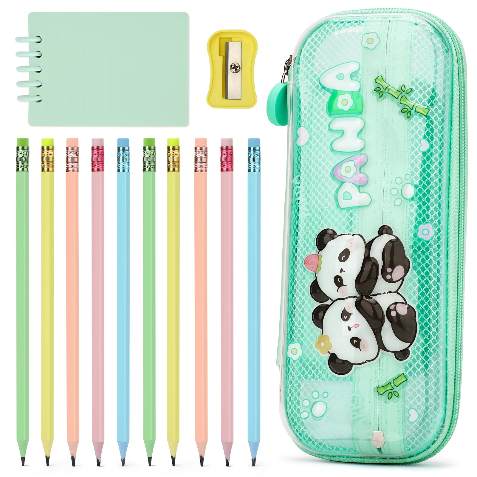 OPPZZIT 10 Piezas Lápices con Gomas Niños Regalo, Lápices para Niños con Estuche Escolar Kawaii Panda & Cuaderno, Regalos Cumpleaños Niñas 5 6 7 8 9 10 Años