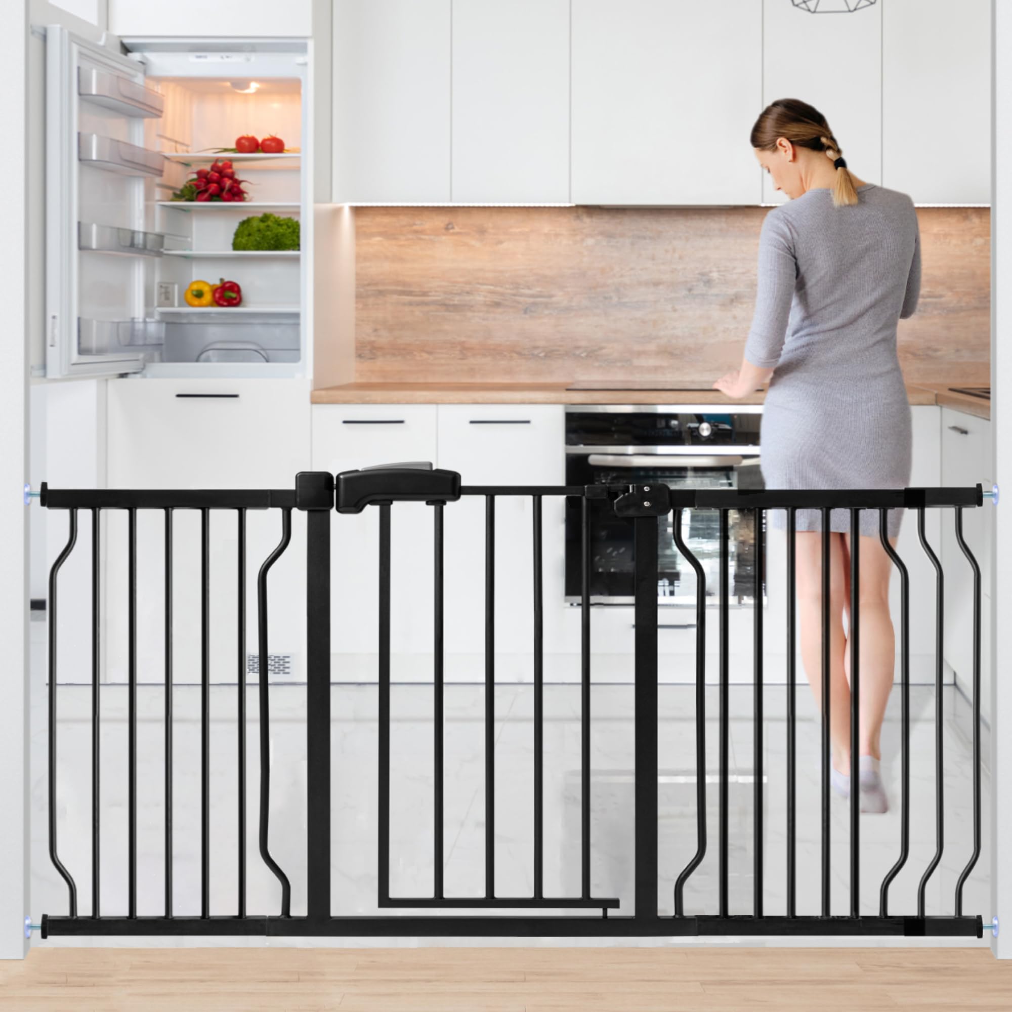 HEMRORO 37.4" Extra Tall Baby Gate for Stairs Doorways with Door, 57.1-66.5" Wide Easy Install Dog Gate Indoor, Safety Metal Pressure Mounted Pet Gate with Walk-Thru Auto Close for The House, Black