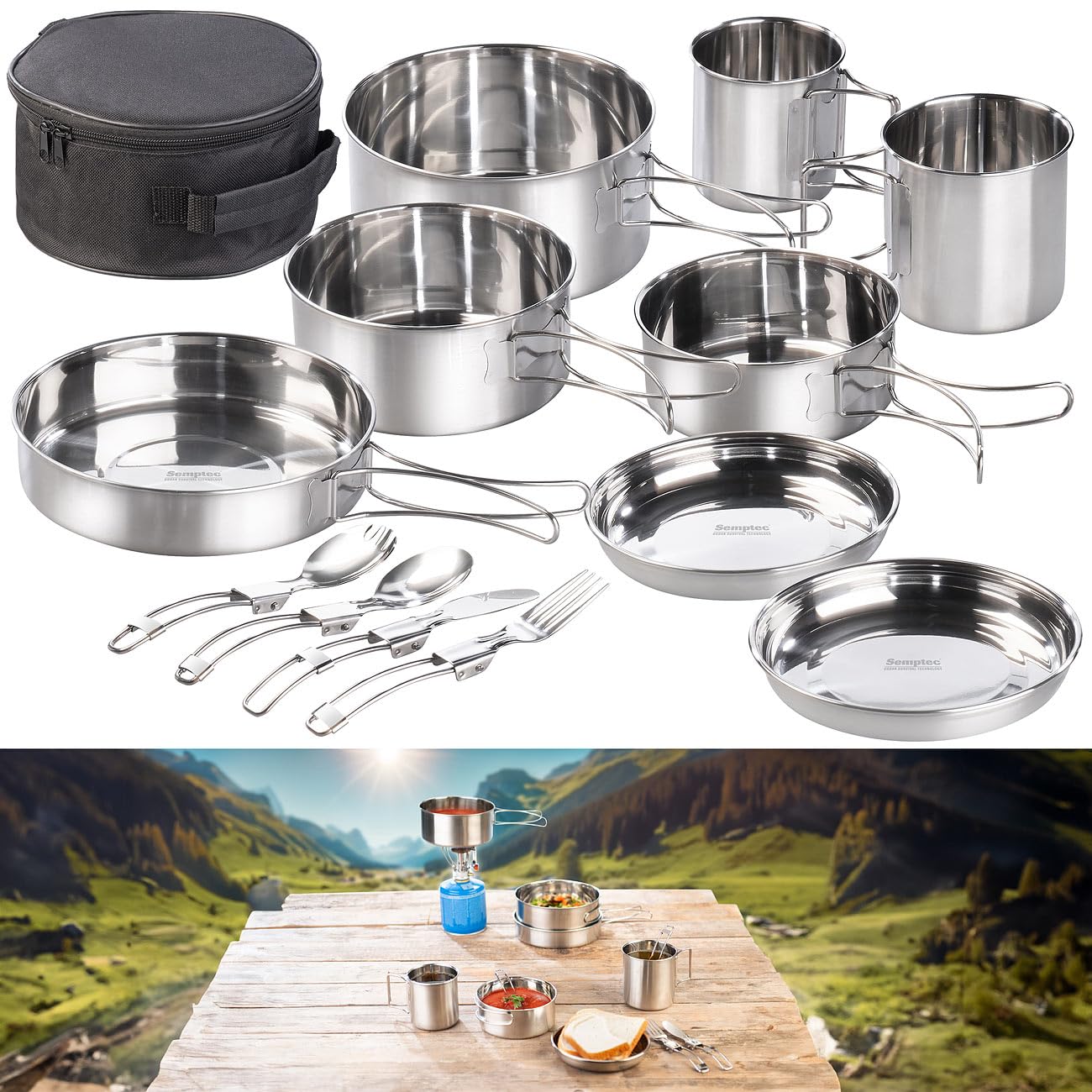 Semptec Urban Survival Technology Camping Geschirr: 12-teiliges Edelstahl-Campinggeschirr-Komplettset mit Besteck & Tasche (Camping Kochgeschirr, Kochset, Koch)