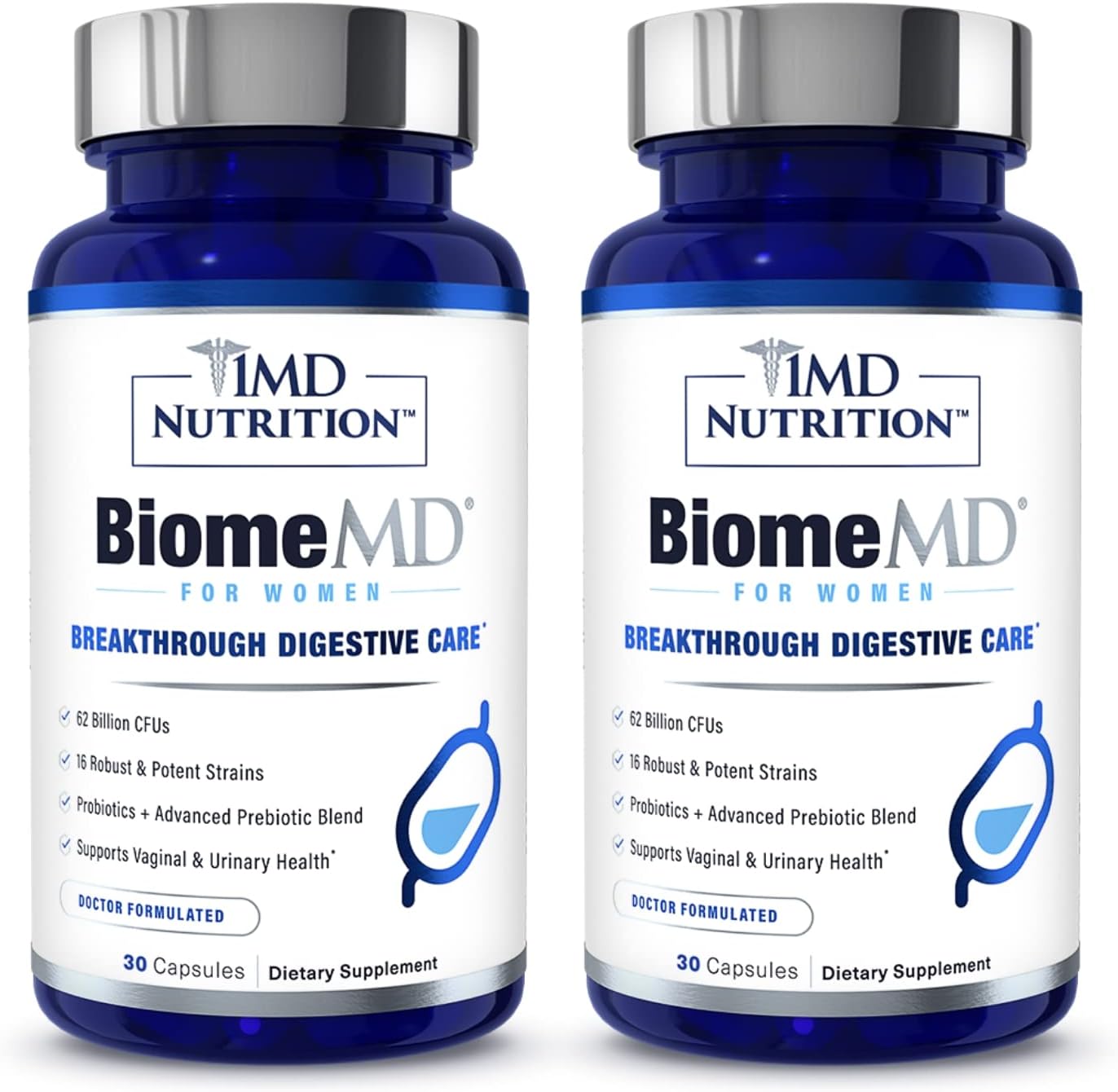 - 1MD Nutrition BiomeMD Probiotics for Women - 62 Billion CFUs, 16 Strains with Prebiotics | Supports Vaginal & Urinary Health - Doctor-Formulated | 30 Capsules (2-Pack)