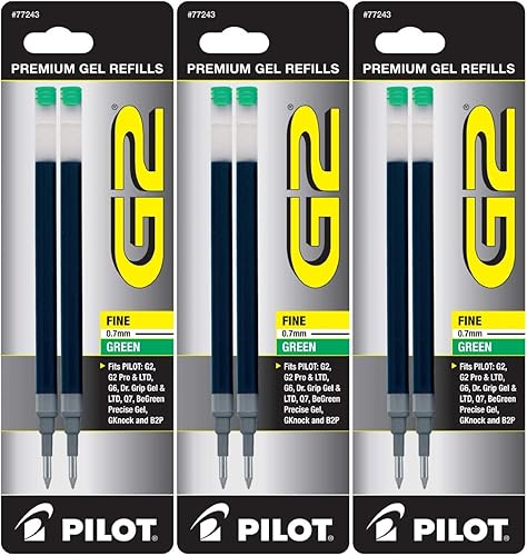 Pilot G2 - Recambios de tinta de gel, punta fina, 0.028 in, tinta verde, 6 recambios