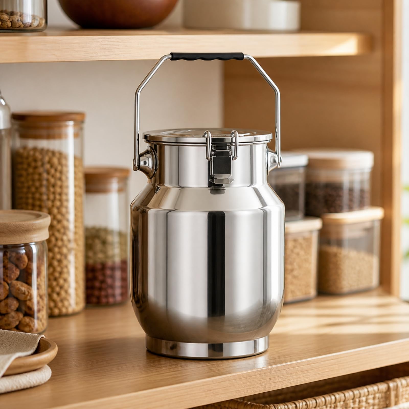 Barattolo Ermetico in Acciaio Inox 201 Lucidato Contenitore con Coperchio a Chiusura a Morsetto Antiruggine Barattolo Tè con Maniglia, 10L