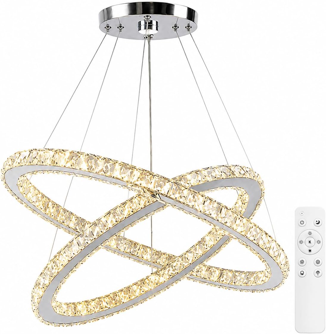 Dimmable 2 Ring Crystal LED Chandelier, 23.6 Inch Chrome K9 Crystal Pendant Light, Remote App Wall Switch Control, 3000K-6500K