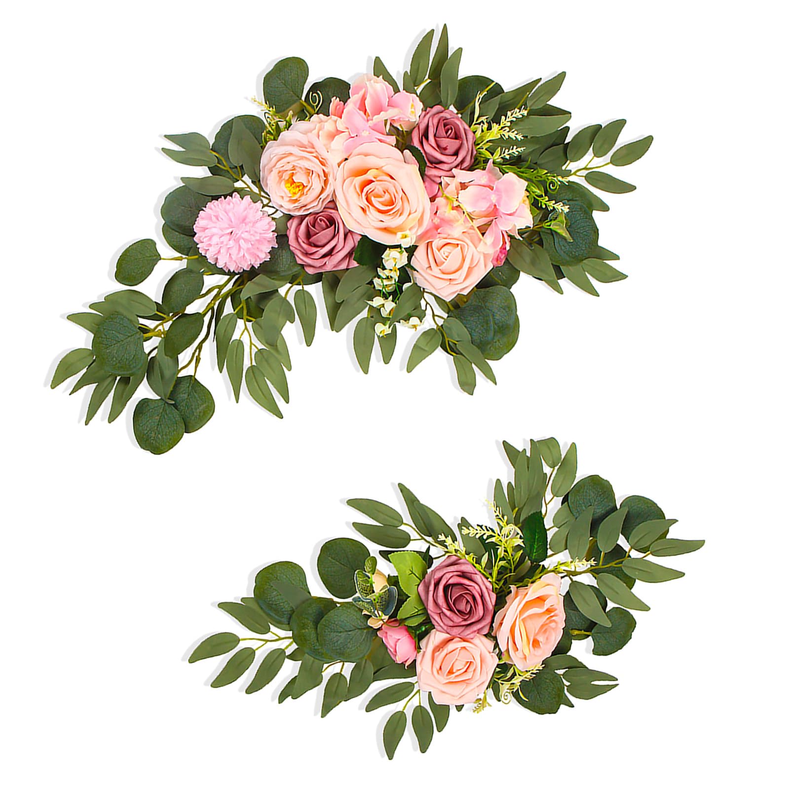 Set di 2 fiori artificiali romantici europei retrò floreali per pannelli di benvenuto di nozze, facili da installare, per porta d'ingresso o ingresso (rosa)