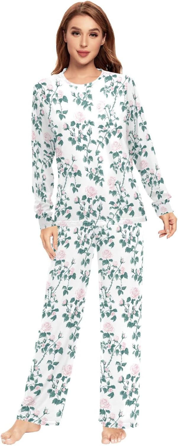 Maldives Pink Polyantha Rose Flowers Pajamas Sets for Women 2 Piece Cozy Men Sleep Pants Loungewear