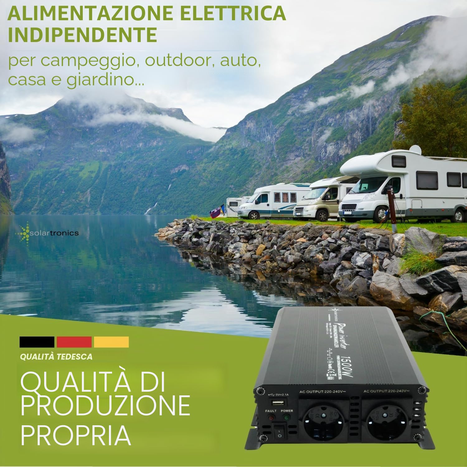 SOLARTRONICS Trasformatore di tensione NM1500, 12 V, 1500 Watt, nero, potenza di picco 3000 Watt, inverter da 12 V a 230 V, compatibile con batteria LiFePO4, al litio, al piombo o AGM, con porta
