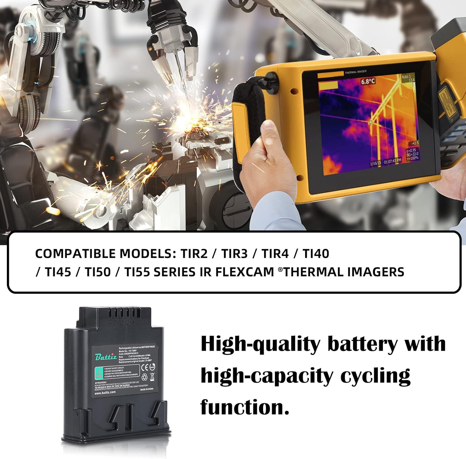 Replacement Rechargeable Lithium-Ion Battery Compatible with FLUKE TIR2/TIR3/TIR4/TI40/TI45/TI50/TI55 Series IR FlexCam Thermal Imagers, Replace the Original Model TI-SBP TI SBP