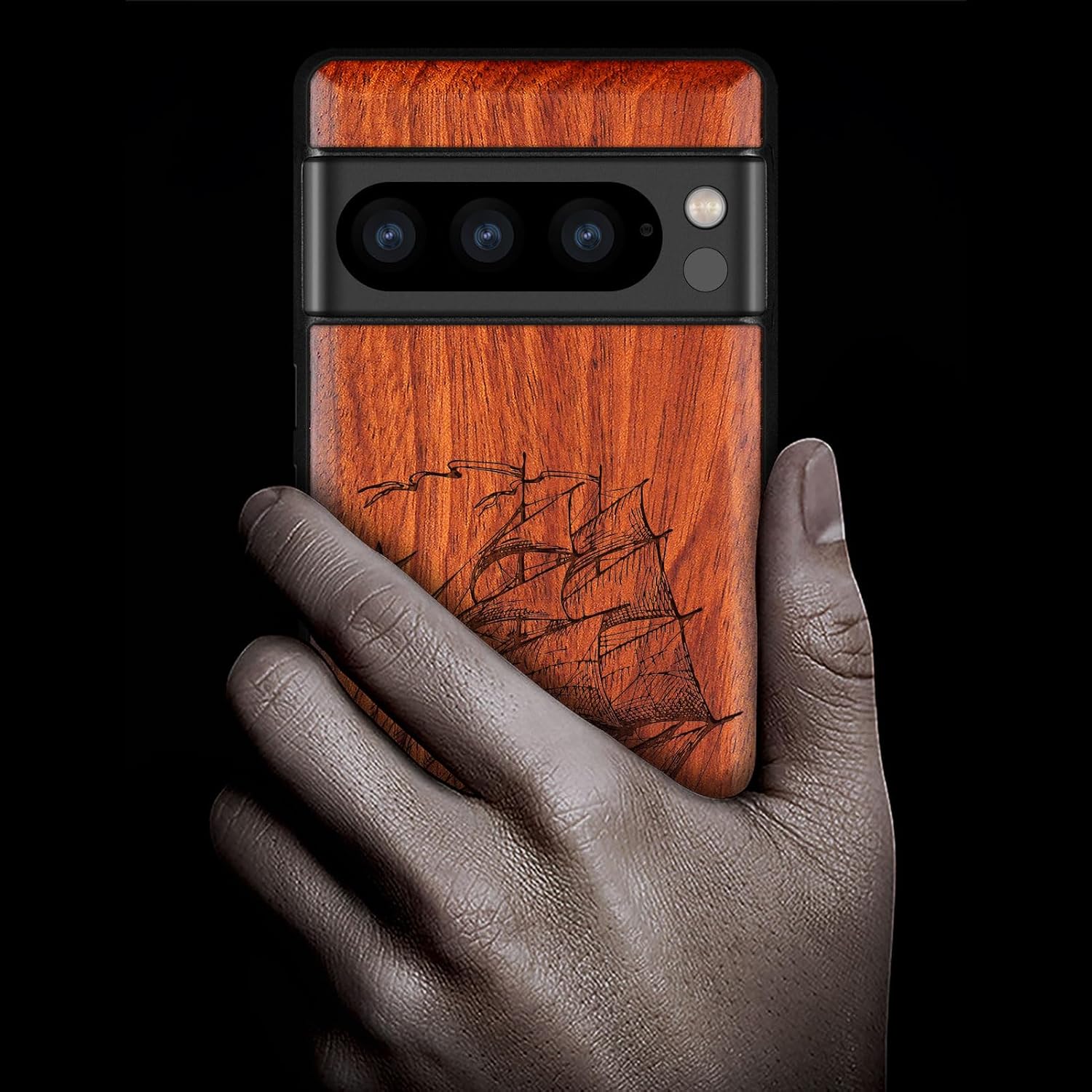 Carveit Wood Case for Pixel 8 Pro Case [Natural Wood & Black Soft TPU] Shockproof Protective Unique Wooden Cover Compatible with Google Pixel 8 Pro (Sailboats-Rosy)
