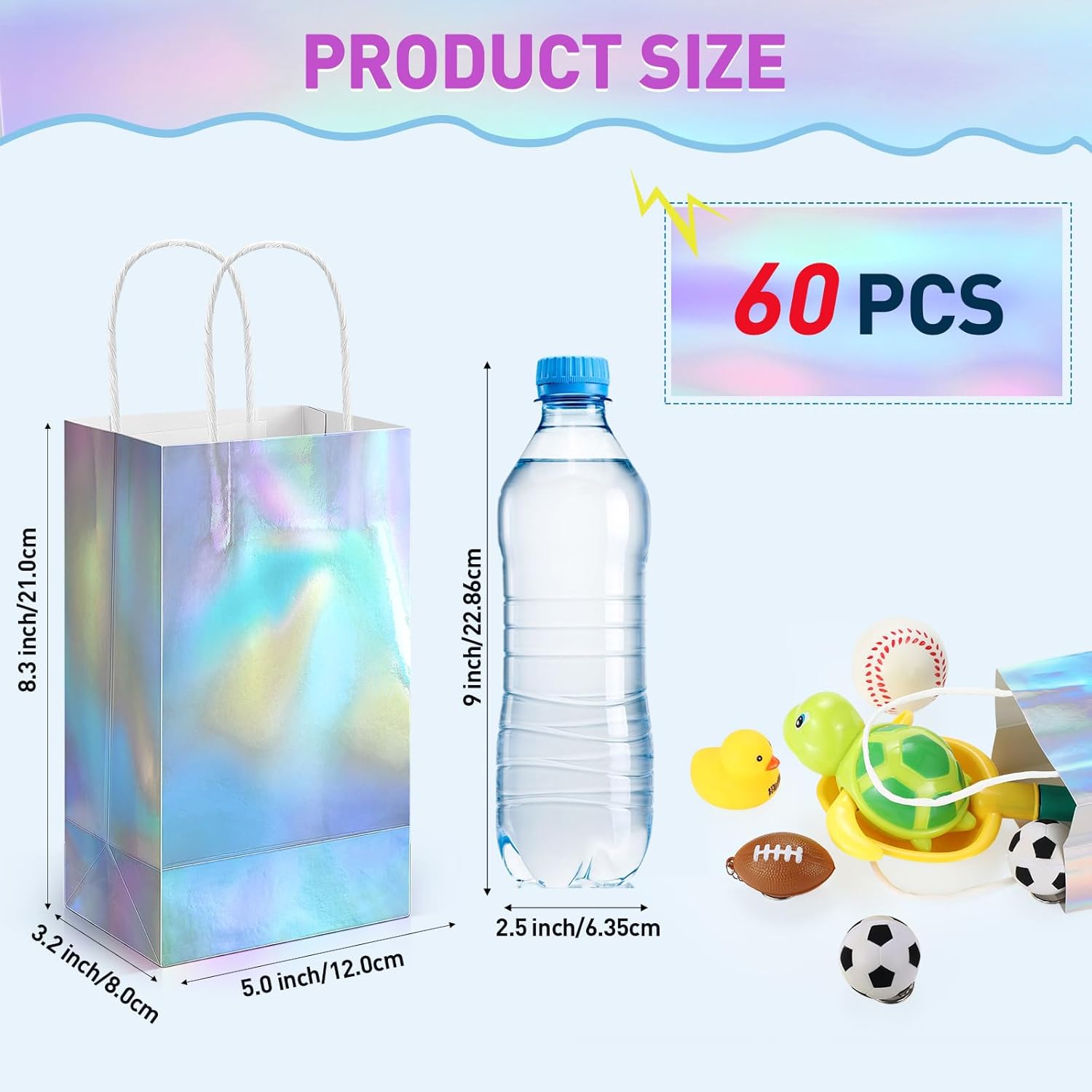 Iridescent Gift Bag Bulk Thickened Holographic Party Favor Bag with Handle 8.3 x 5 x 3.2in Glossy Paper Candy Goodie Flower Handbag Kpop Disco Wedding Bridal Birthday Graduation Party Supplies(60 Pcs)