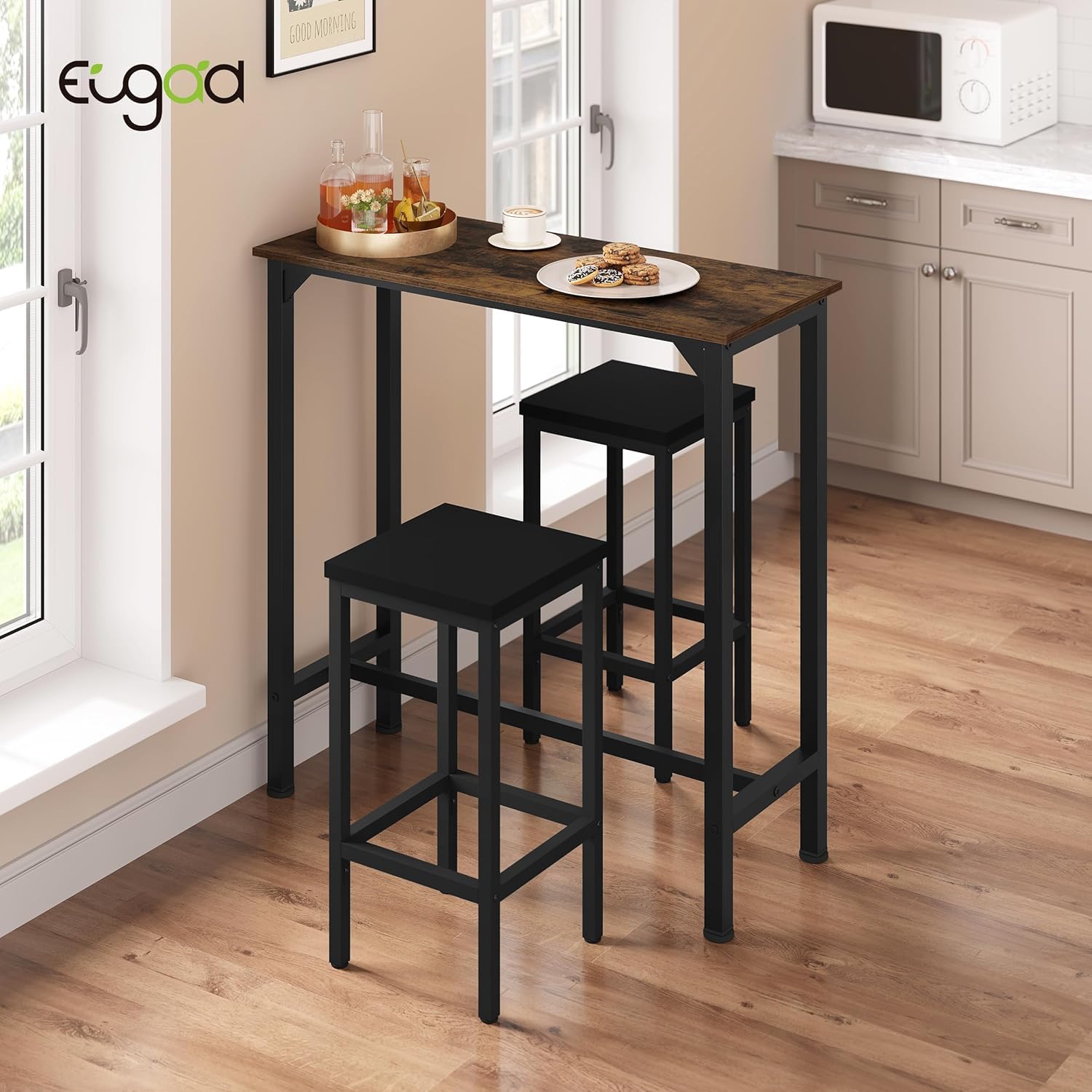 EUGAD Tavolo da Bar Salvaspazio, Tavolo Alto da Cucina Stretto, bancone bar in Legno & Metallo per Home Bar Cucina, 100 x 40 x 100 cm, Rustico + Nero