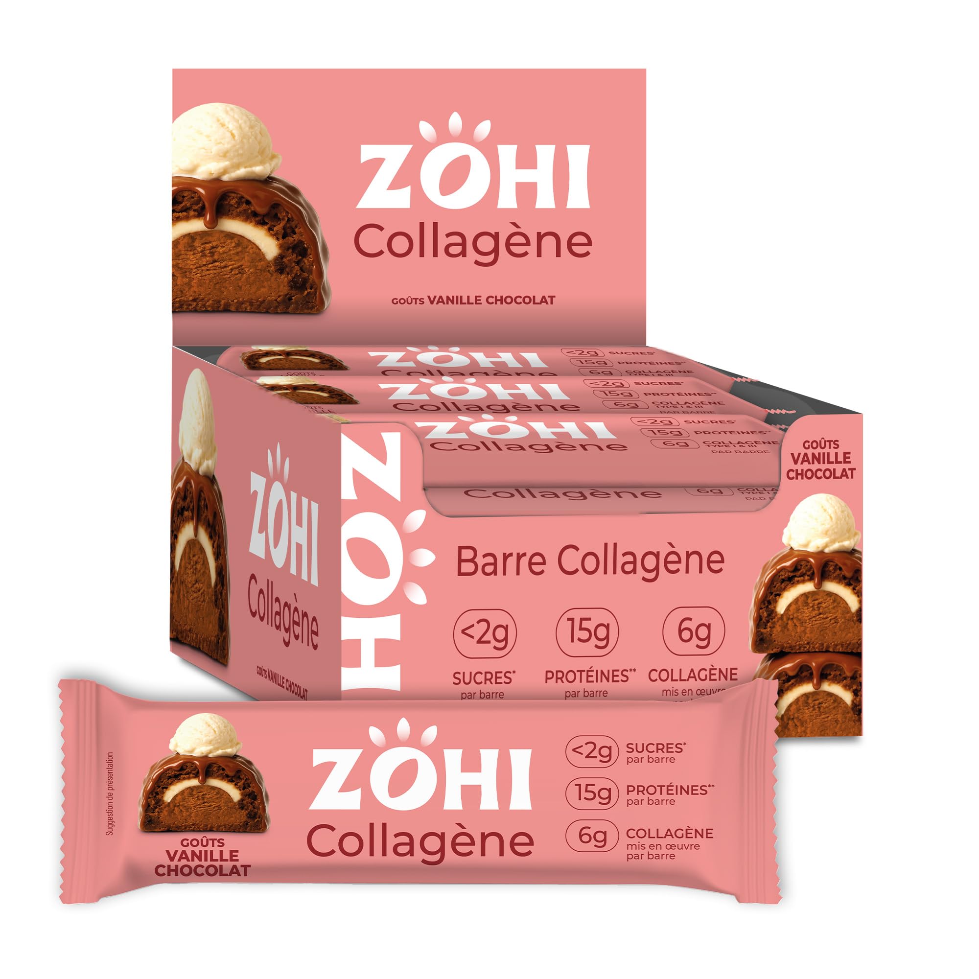 ZOHI - Barre avec Collagène saveur Chocolat et Vanille - Riche en Protéines et Moins de 2g de Sucres - Enrobée de Chocolat au Lait et Billettes Croustillantes - 50g (Pack de 12)