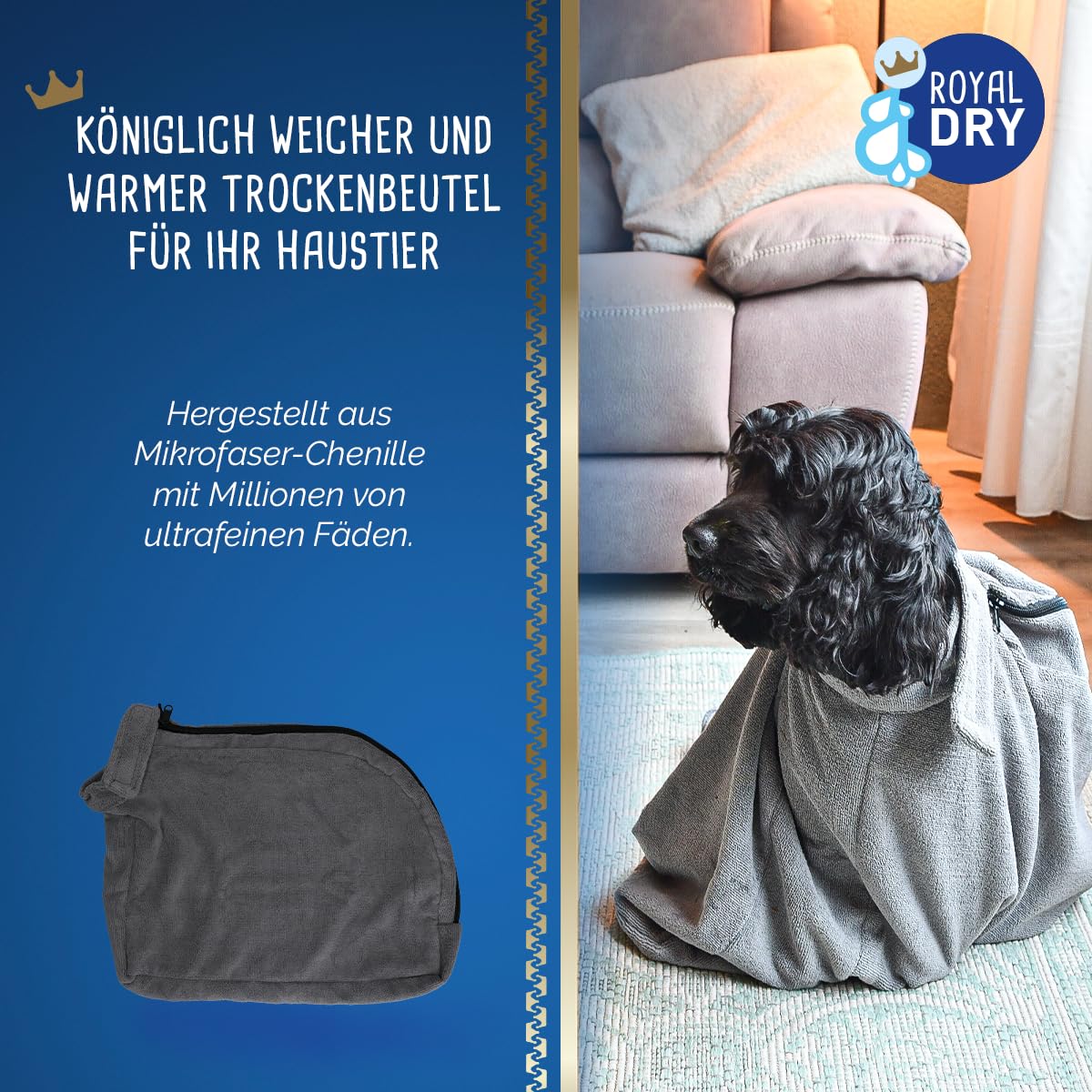 Doggybag - Mikrofaser-Hundetrockenbeutel - M - Rückenlänge 60 cm - Hundehandtuch - Extra SaugfäHig und Schnell Trocknendes mit Klettverschluss - Grau