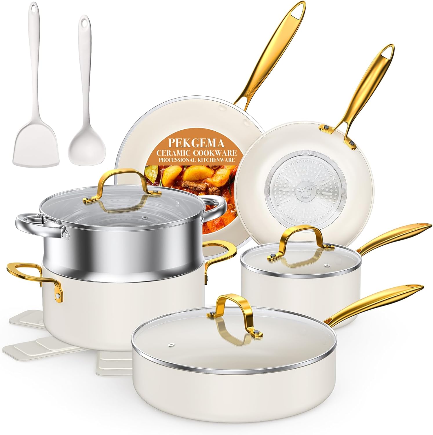 PekGema Ceramic Cookware Set 15-Pieces, Pots and Pans Set Non Stick, Oven Safe Non Toxic, Kitchen Cookware Set, PFOA PTFE FREE, Gold White