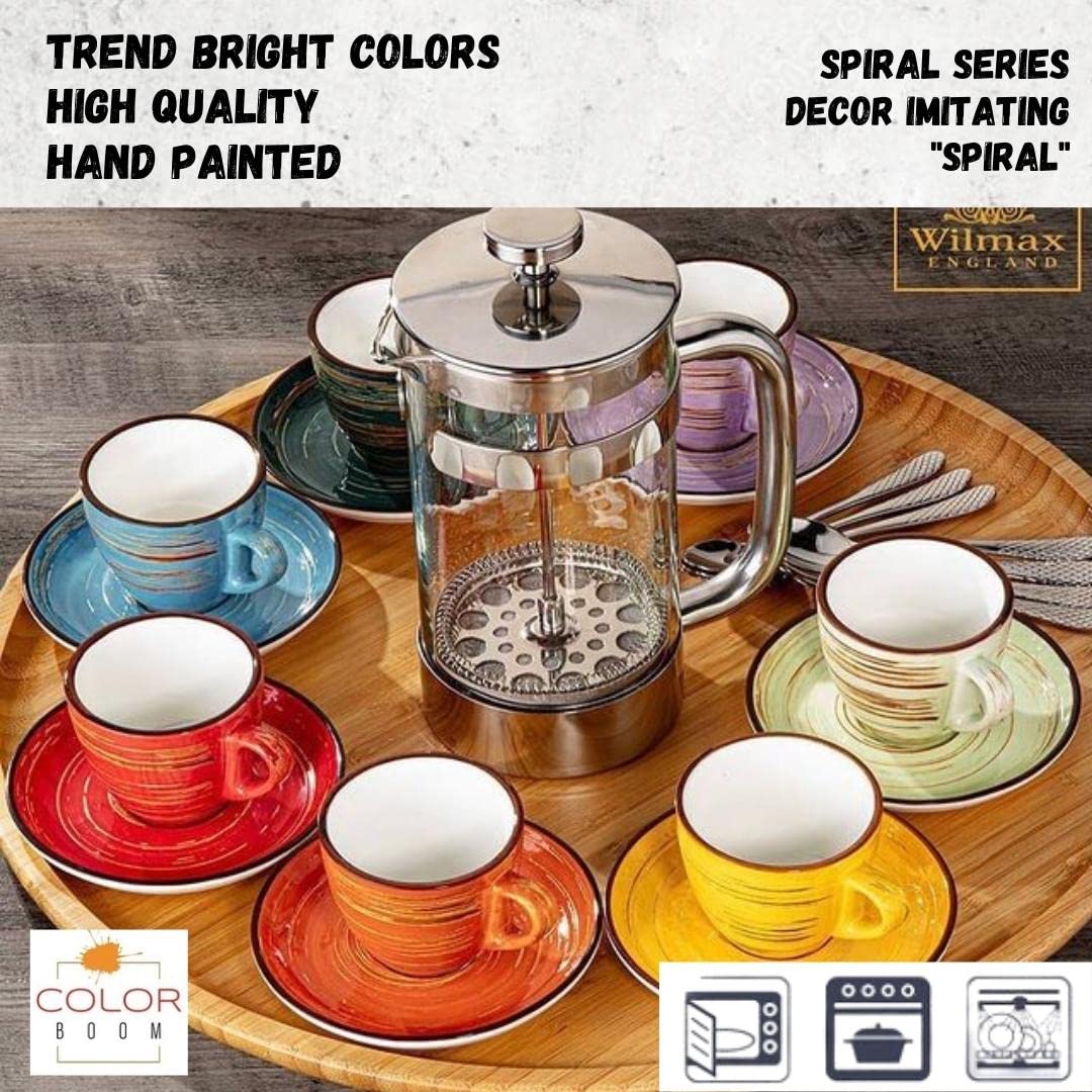 Wilmax | SPIRAL Tassen mit Untertassen | 6er-Set | 110 ml | Tassenset aus Porzellan | Becher Für Getränke, Desserts, Café | Modernes Design | Teetassen | Kaffeetassen | Spülmaschinenfest