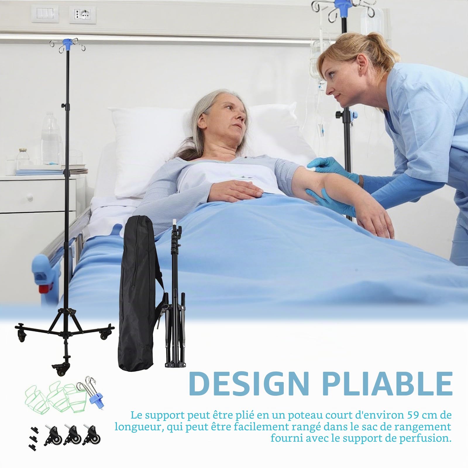 Support de Perche Intraveineuse avec Roues, Pliable Support D'infusion IV avec 4 Crochets, Hauteur Réglable, Télescopique Support de Perfusion pour Hôpital et Soins à Domicile