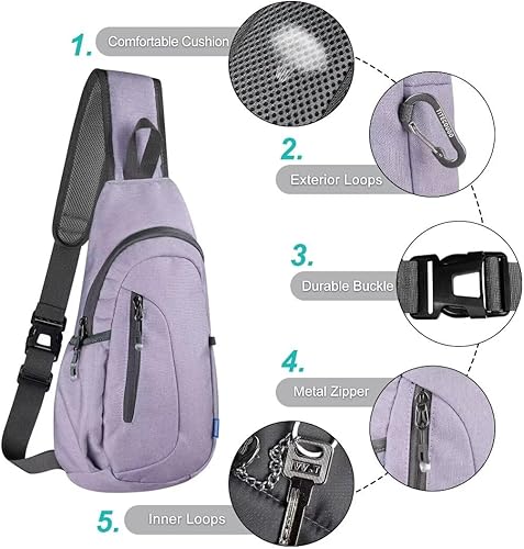 Miniatura 5 de TITECOUGO Bolso bandolera pequeño, mochila cruzada ligera para hombres y mujeres, bolsa de hombro para deportes y exteriores, Z1-lona, morado claro,